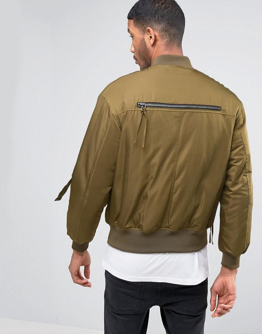 ASOS Synthetic Bomber Jacket With Multi Pockets And Straps In Khaki in