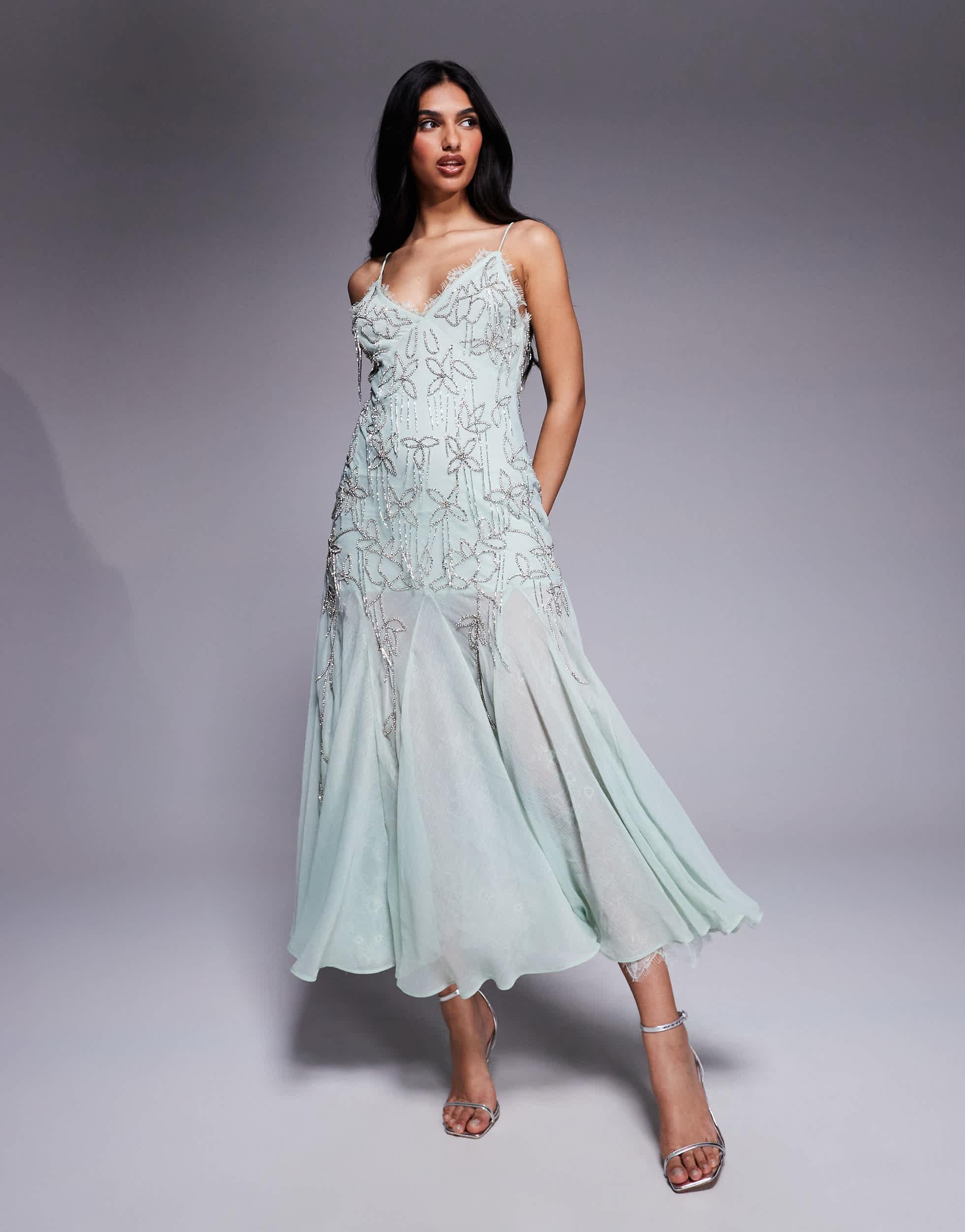 ASOS Diamante Beaded Midi Dress With Lace Trim And Flare Hem in Gray | Lyst
