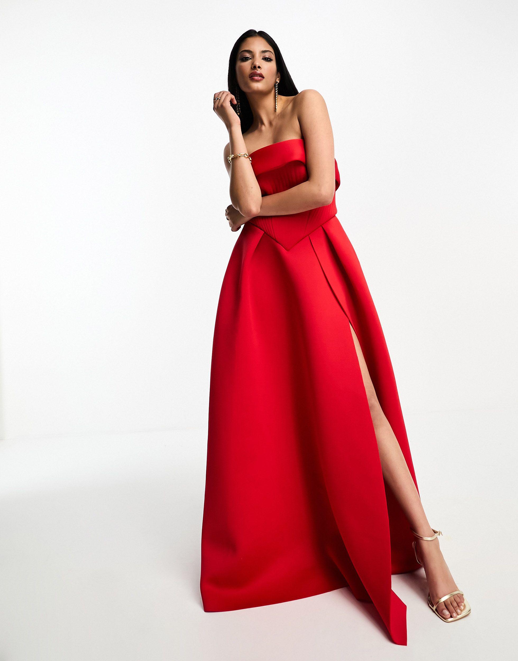 ASOS Bandeau Corset Structu Skirt Maxi Dress in Red