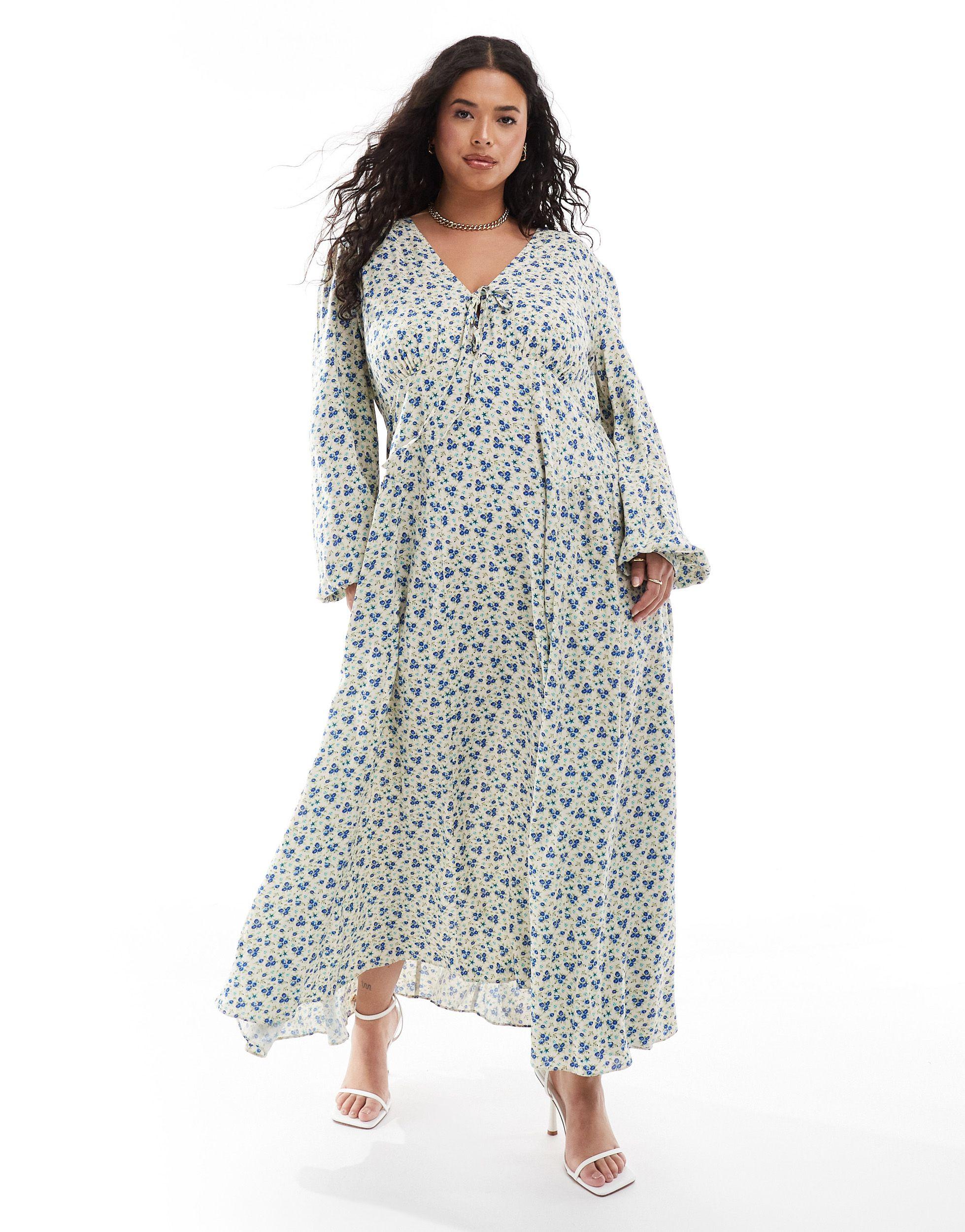 Asos design curve robe mi longue en viscose nouee devant avec col v manches longues et motif a petites fleurs ASOS en coloris Gris Lyst