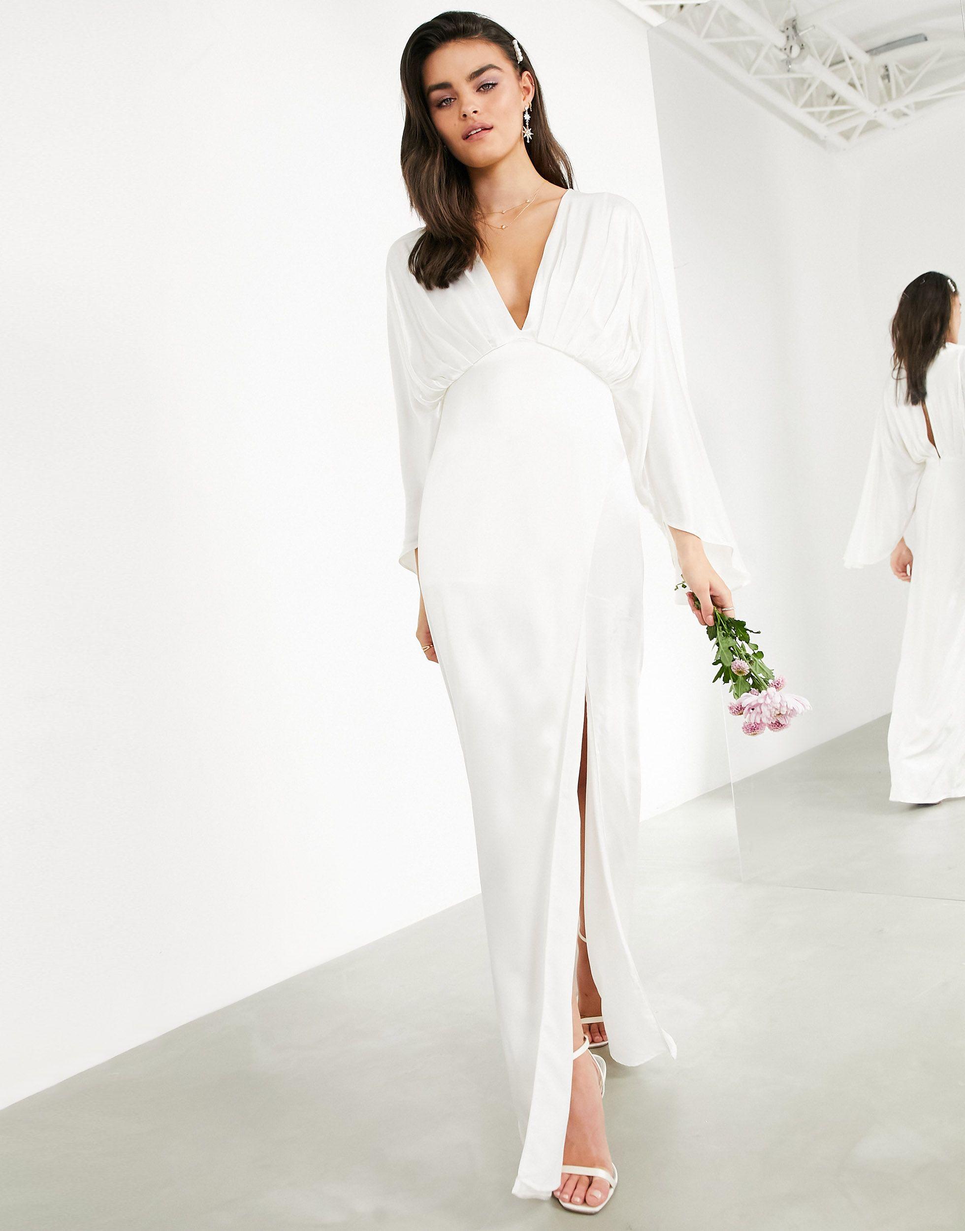 ASOS Cari Satin Wrap Wedding Dress With Kimono Sleeve-white - Lyst