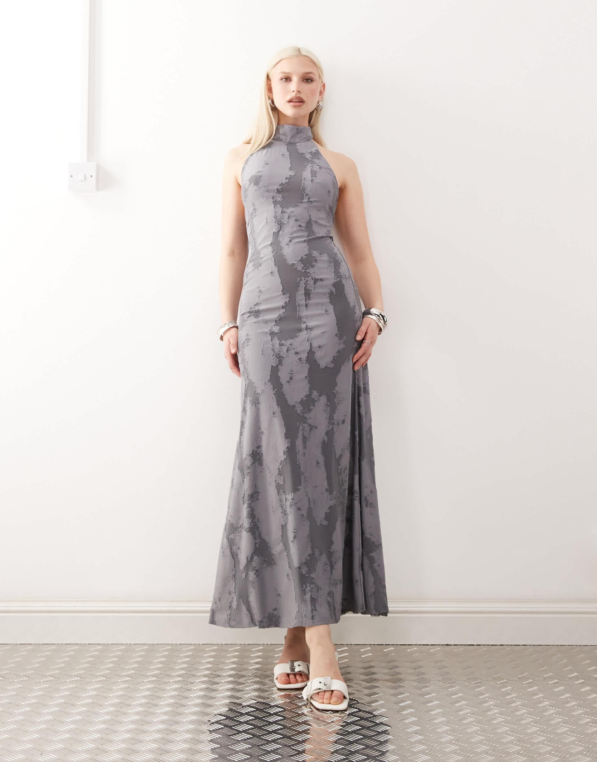 Weekday Halter Neck Jacquard Maxi Dress in Gray | Lyst