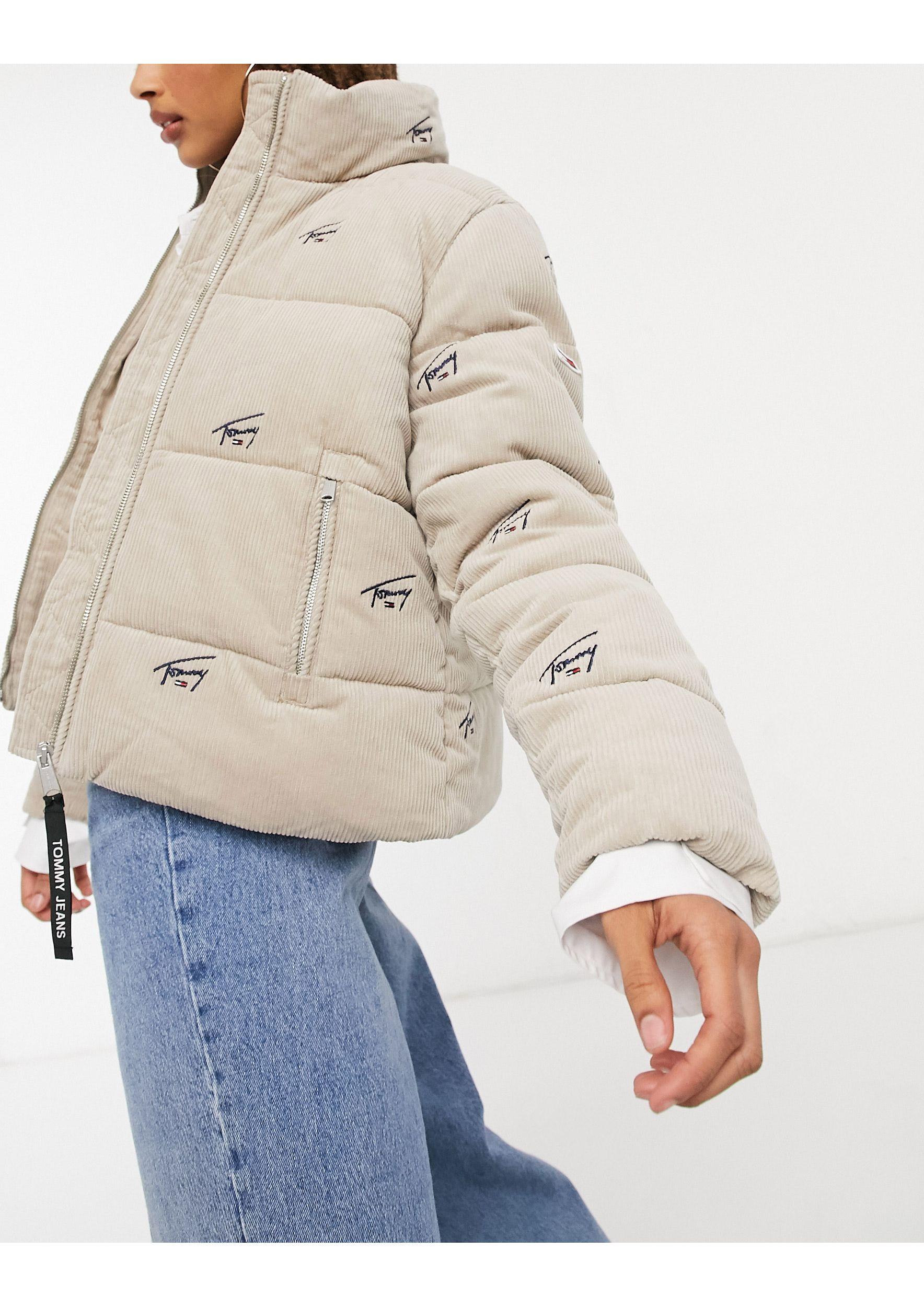 Tommy Hilfiger All Over Signature Logo Cord Puffer in Natural | Lyst UK