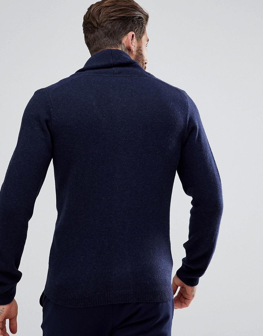 Lyst - Asos Lambswool Shawl Cardigan In Navy in Blue for Men