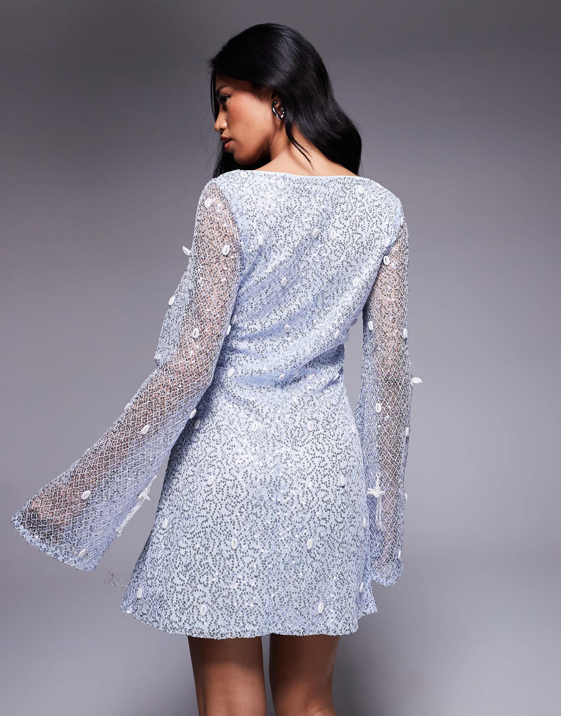 ASOS Shell Embellished Sequin Long Sleeve V-neck Mini Dress With 3d Fringe Details in Blue | Lyst ASOS Shell Embellished Sequin Long Sleeve V-neck Mini Dress With 3d Fringe Details in Blue | Lyst
