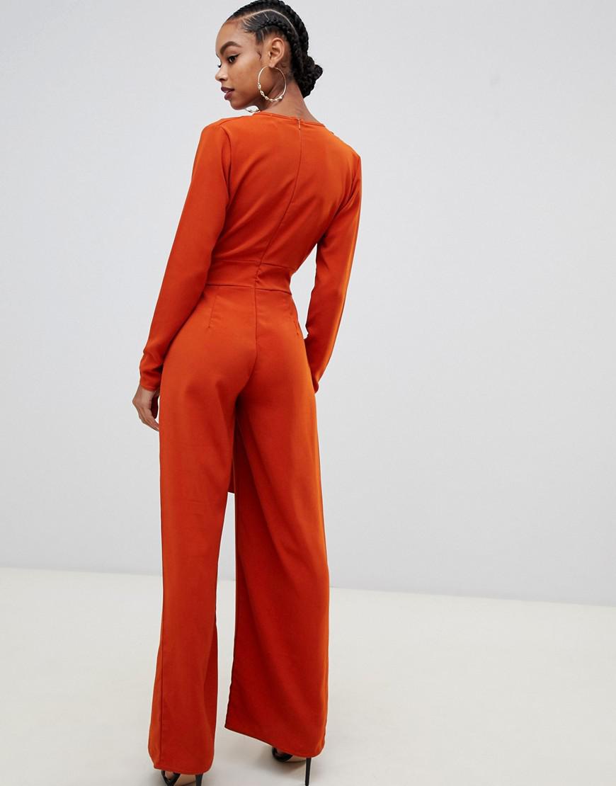 Boohoo Satin Belted Plunge Jumpsuit In 