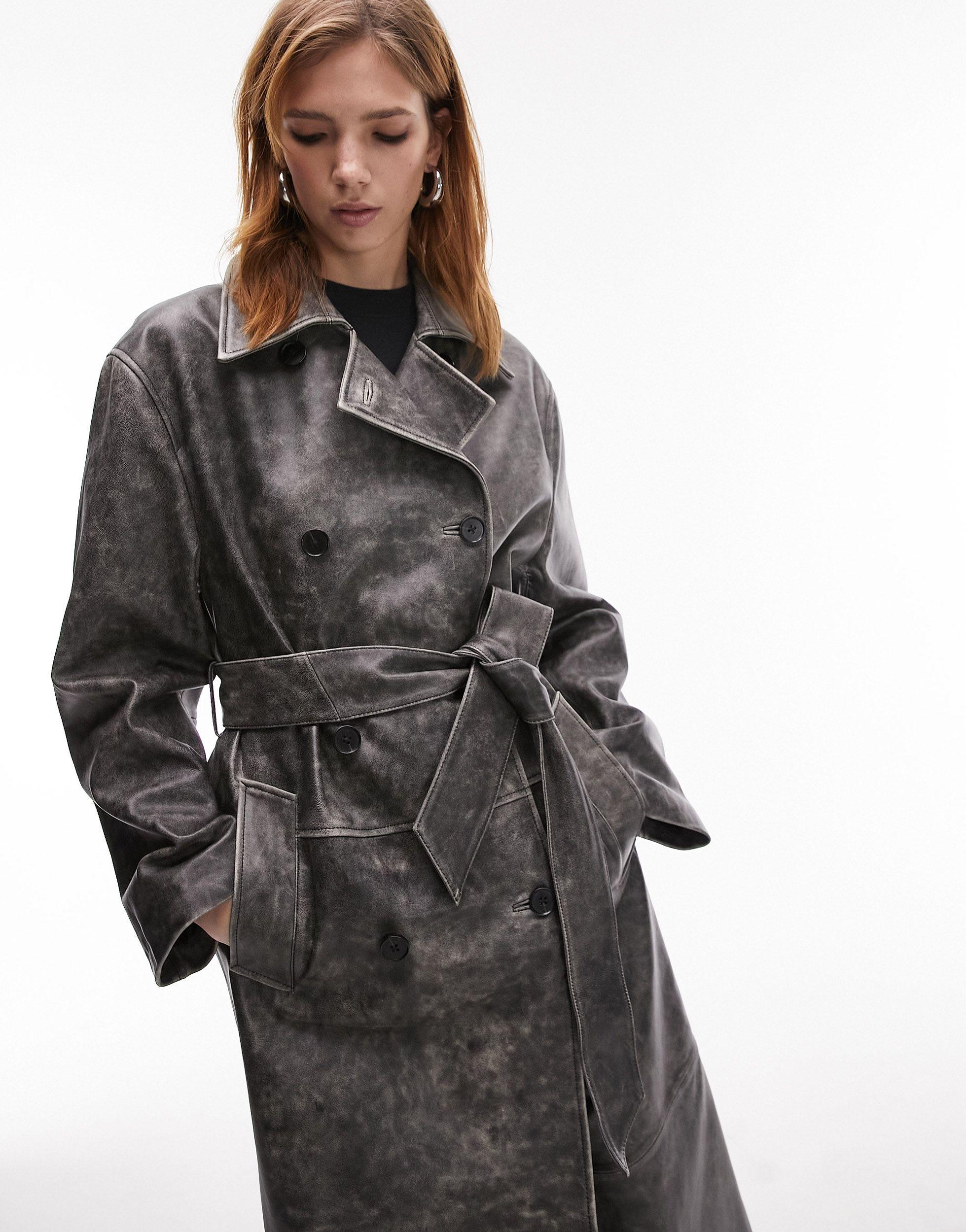 TOPSHOP Real Leather Washed Effect Trench Coat in Black Lyst UK