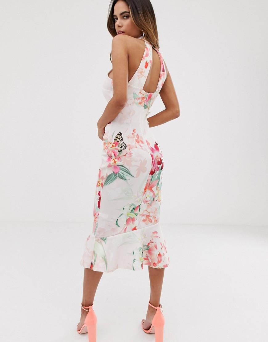 Lipsy High Neck Bodycon Midi Dress With Frill Detail In Floral Print - Lyst