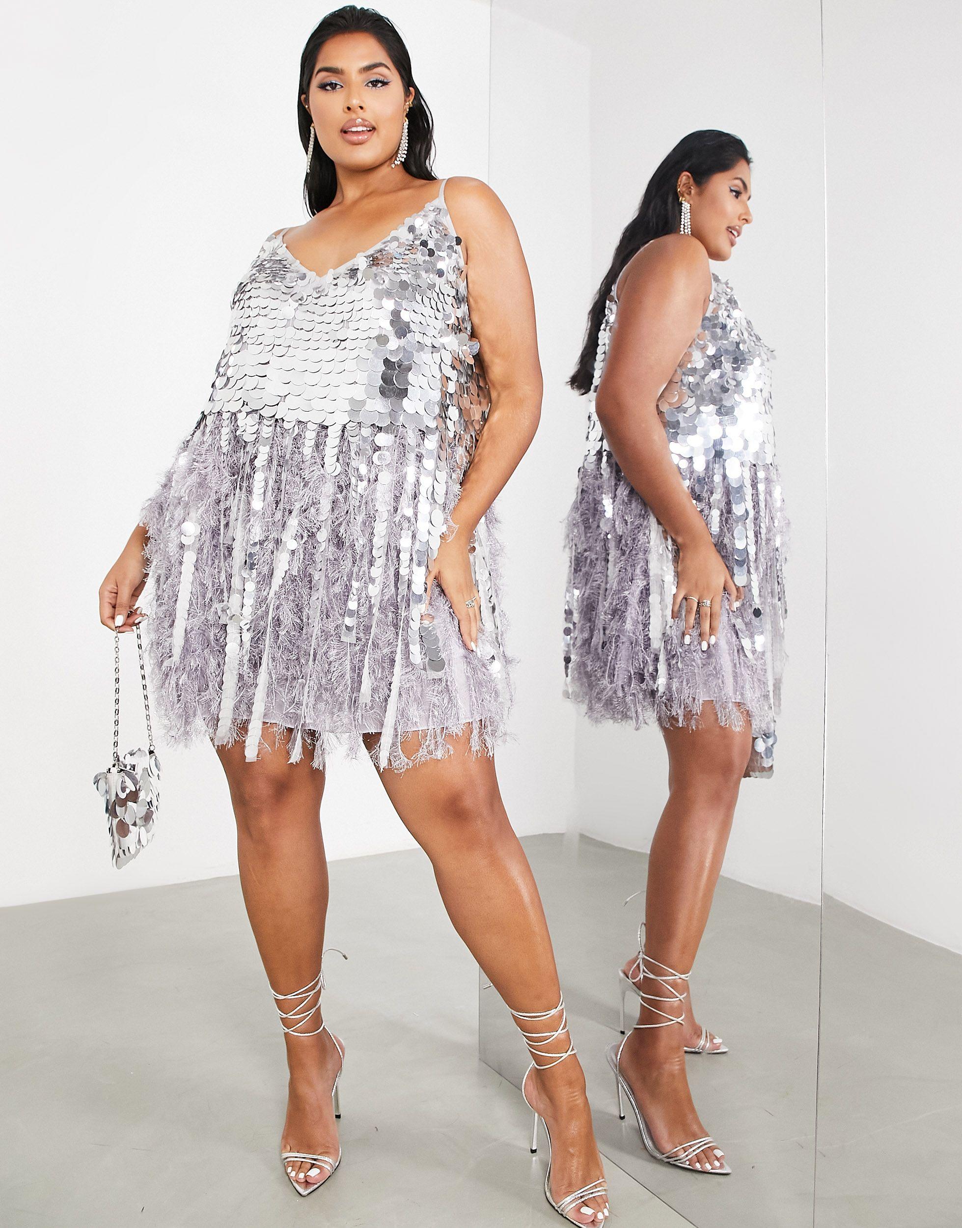 ASOS Curve Paillette Sequin Mini Dress With Feather Hem in Metallic | Lyst