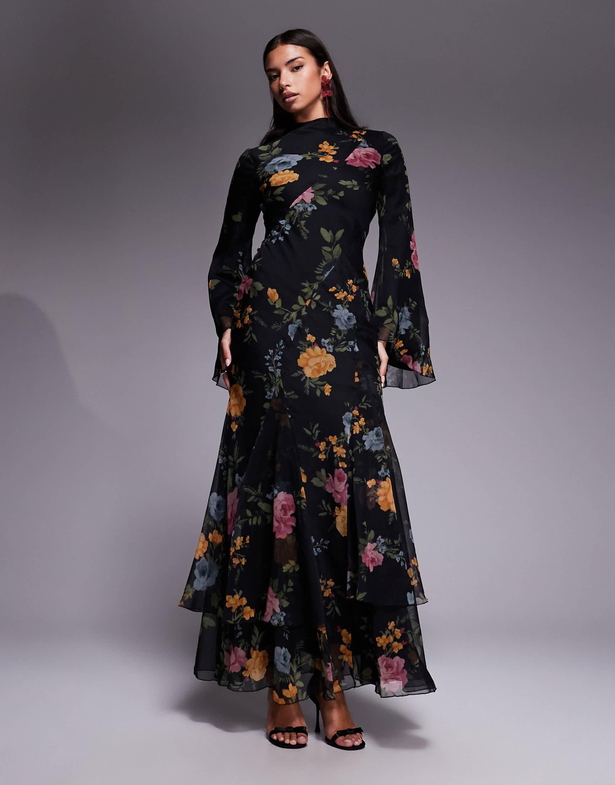 bias cut long sleeve dress ASOS Layered Godet Maxi in Black Lace Dresses Regular body length 53 Size:UK7 (US Mens 8 | Womens 10) The Beach Club — Floral