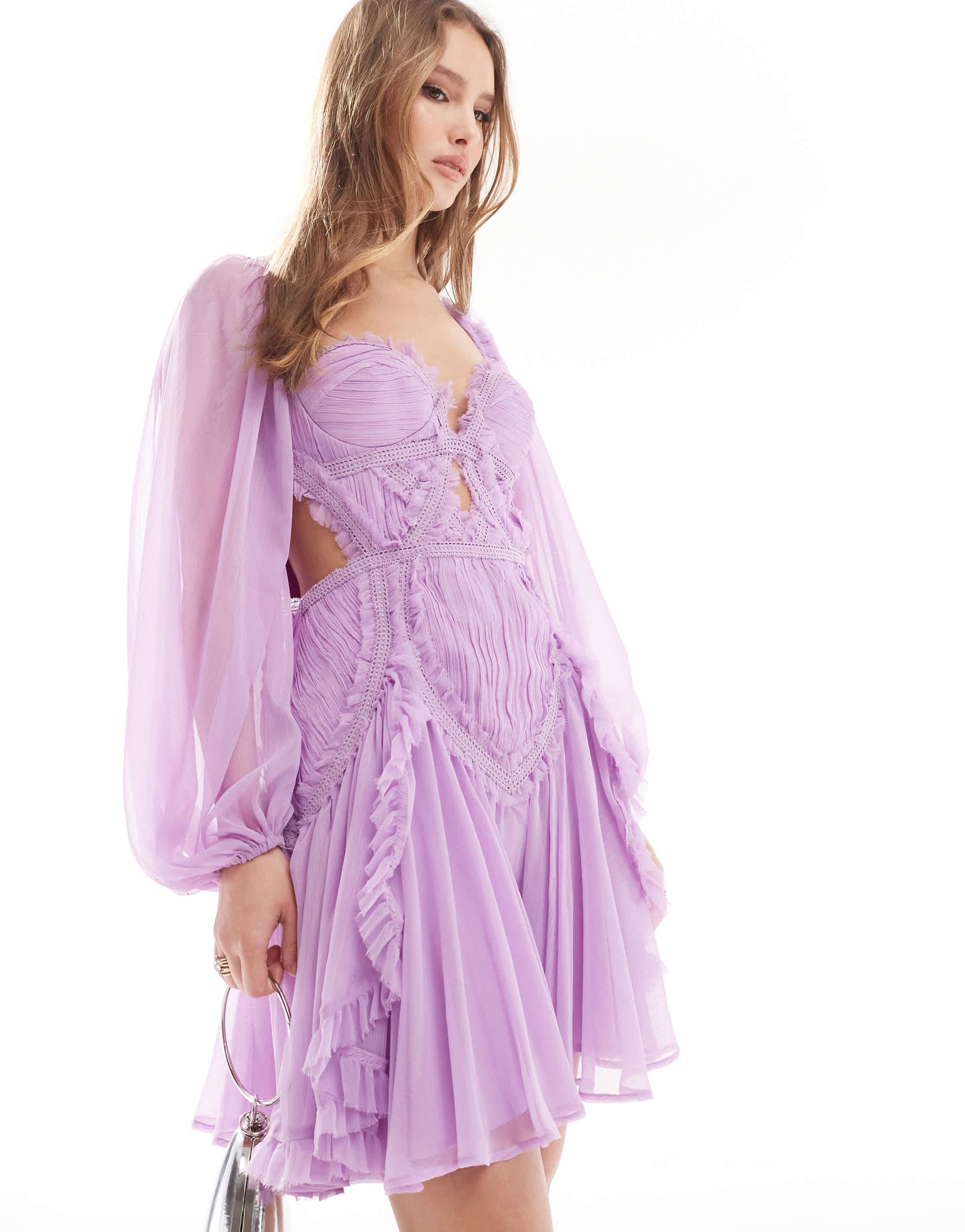 ASOS Long Sleeve Shirred Corset Mini Dress With Cut Out in Purple