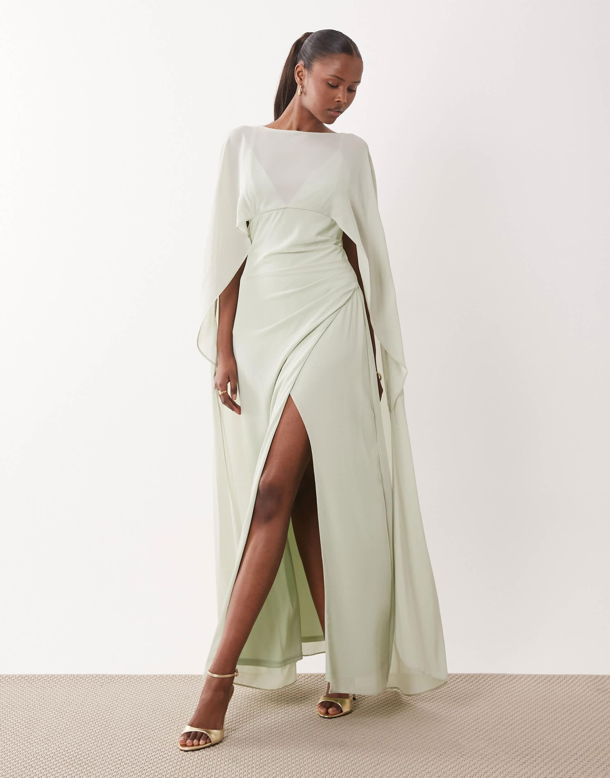 knee length dresses for ladies Teal Embellished Chiffon Cape Gown main image 1