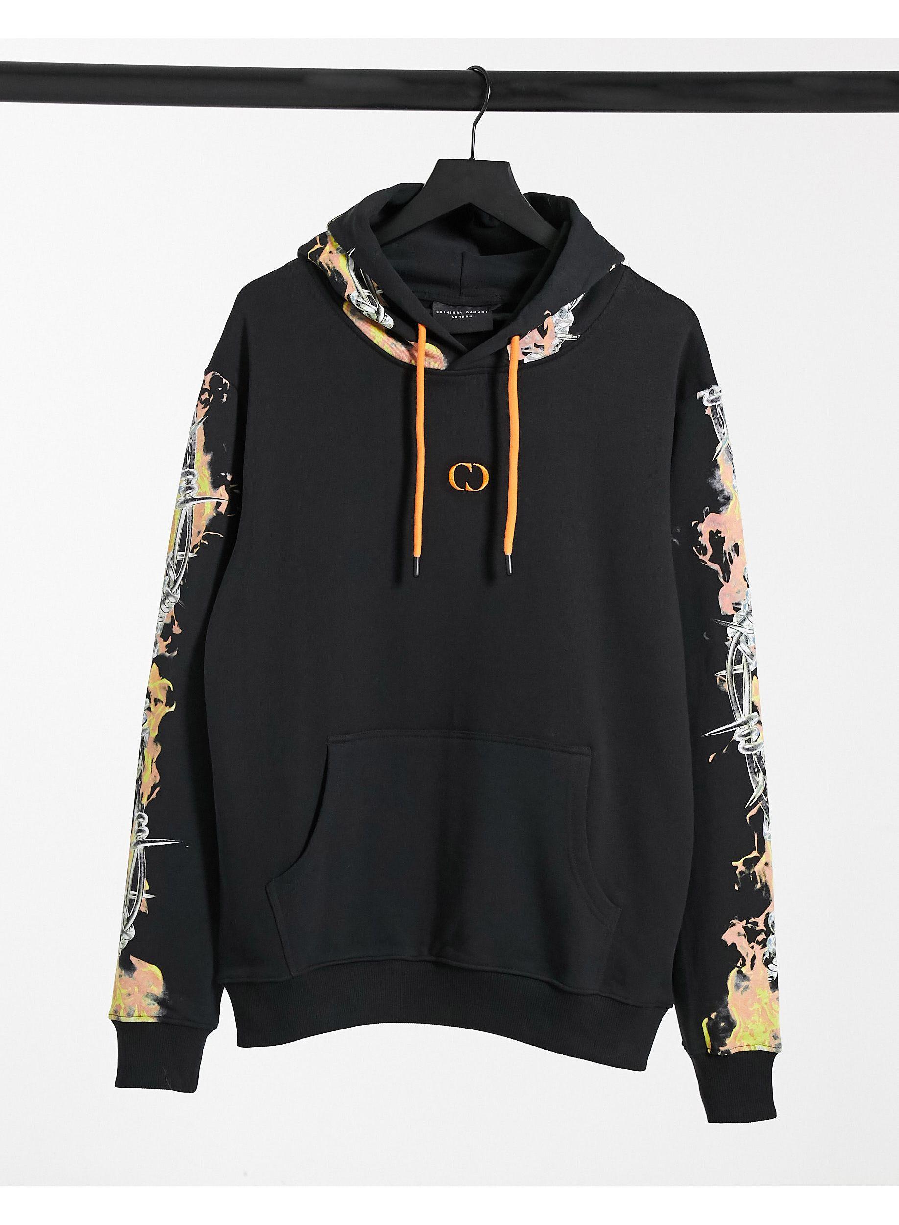 Criminal Damage Hoodie With Barb Wire Flame Print in Black for Men | Lyst