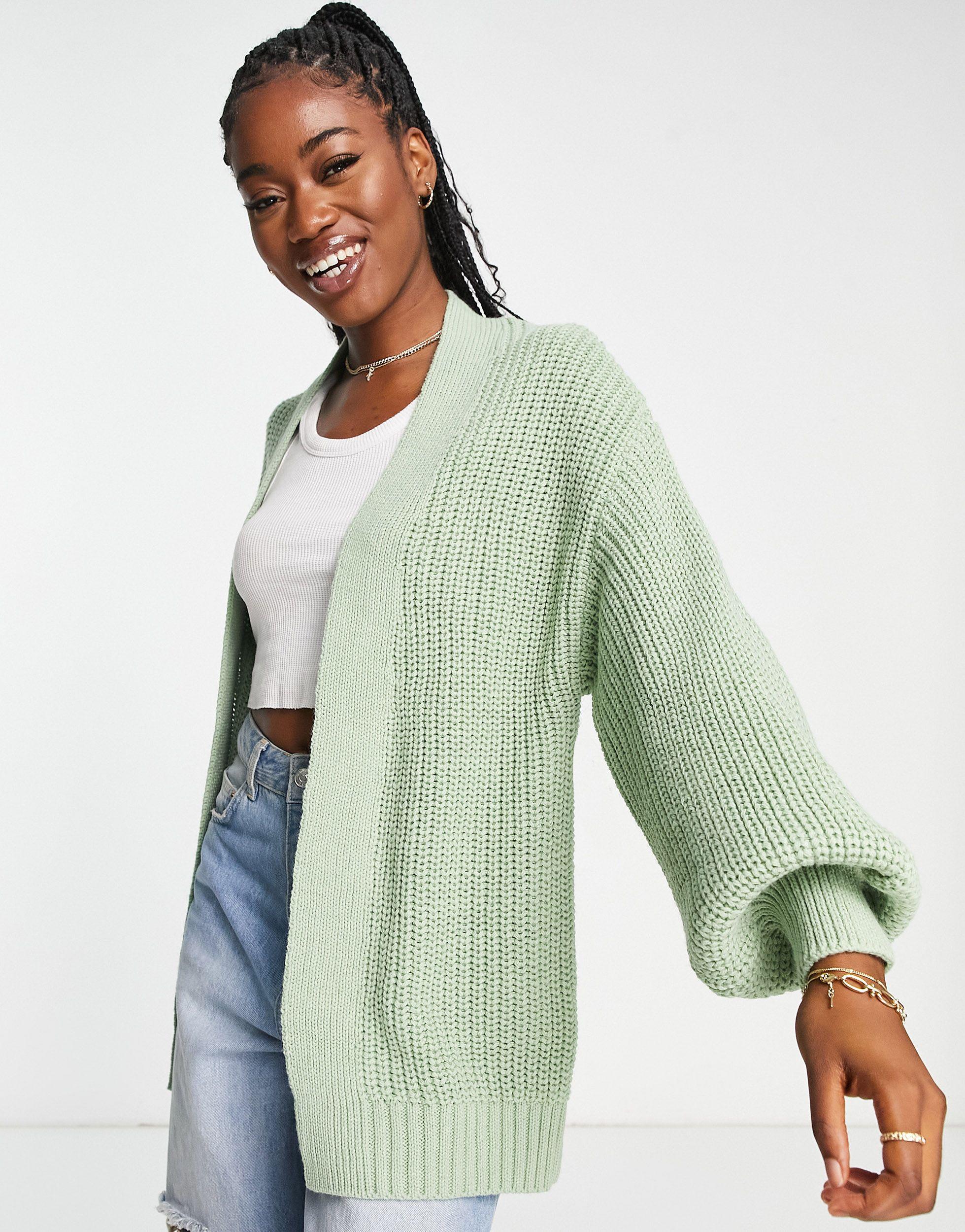 New Look Balloon Sleeve Knitted Cardigan in Green | Lyst