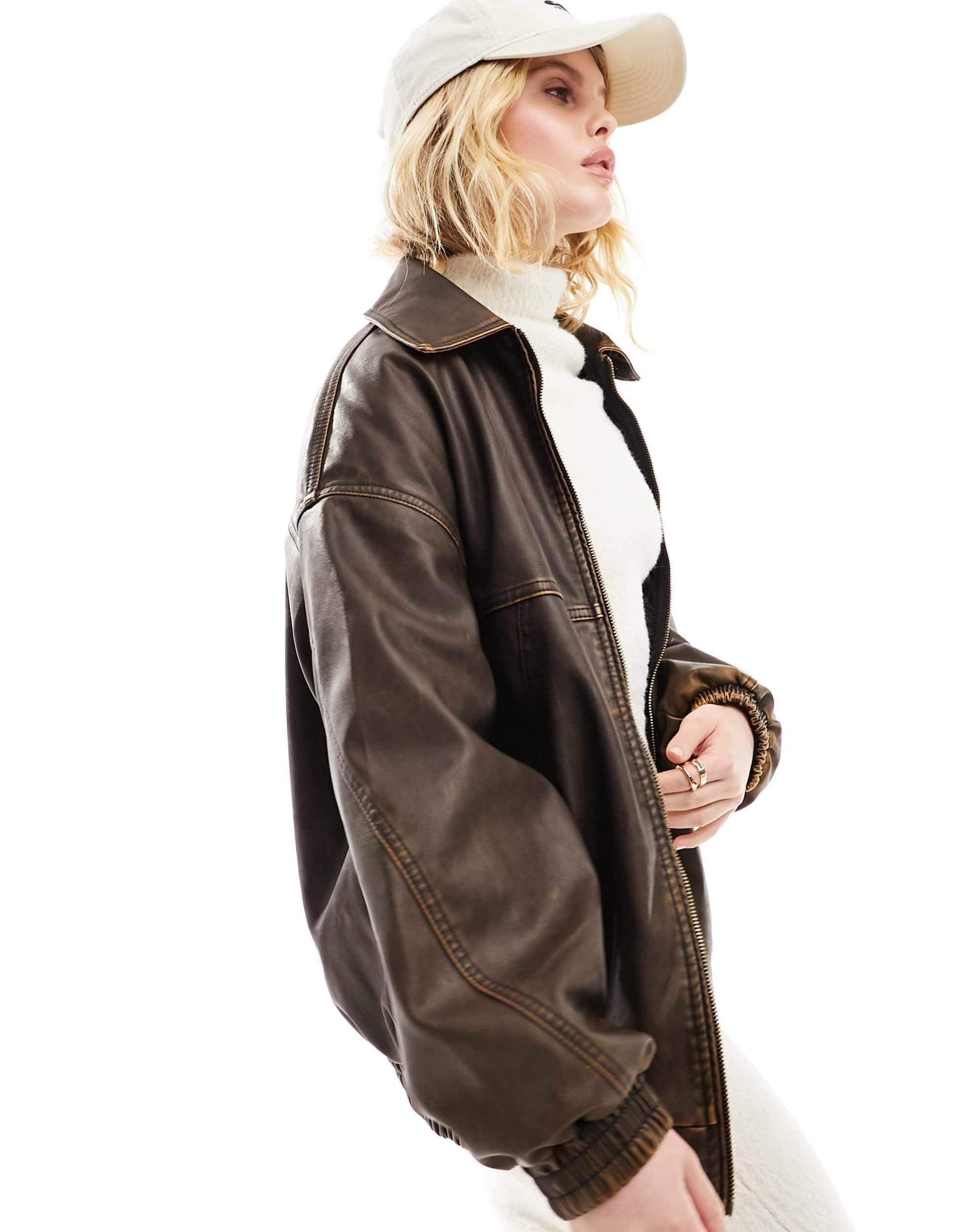 Veste Perfecto Femme Bershka Taille S - Cuir Marron Style Rock’n’roll