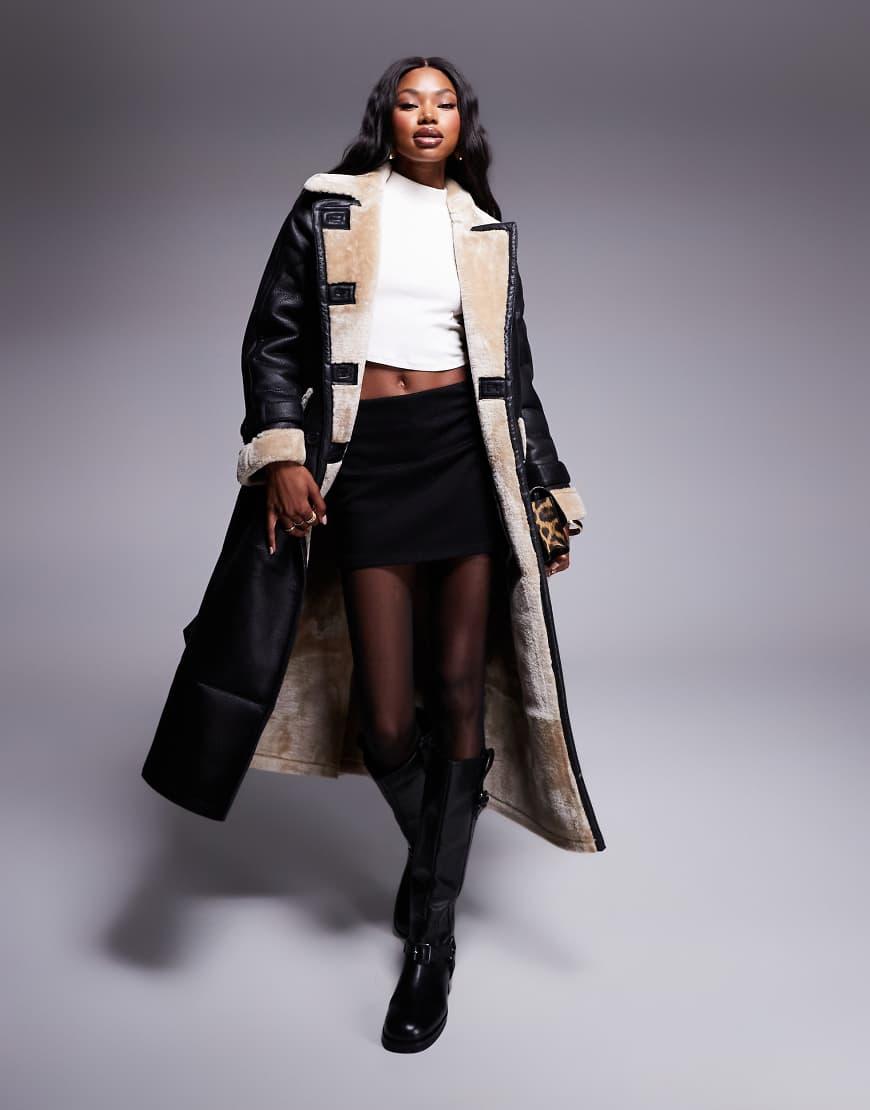 River Island Faux Leather Belted Trench With Shearling Detail in