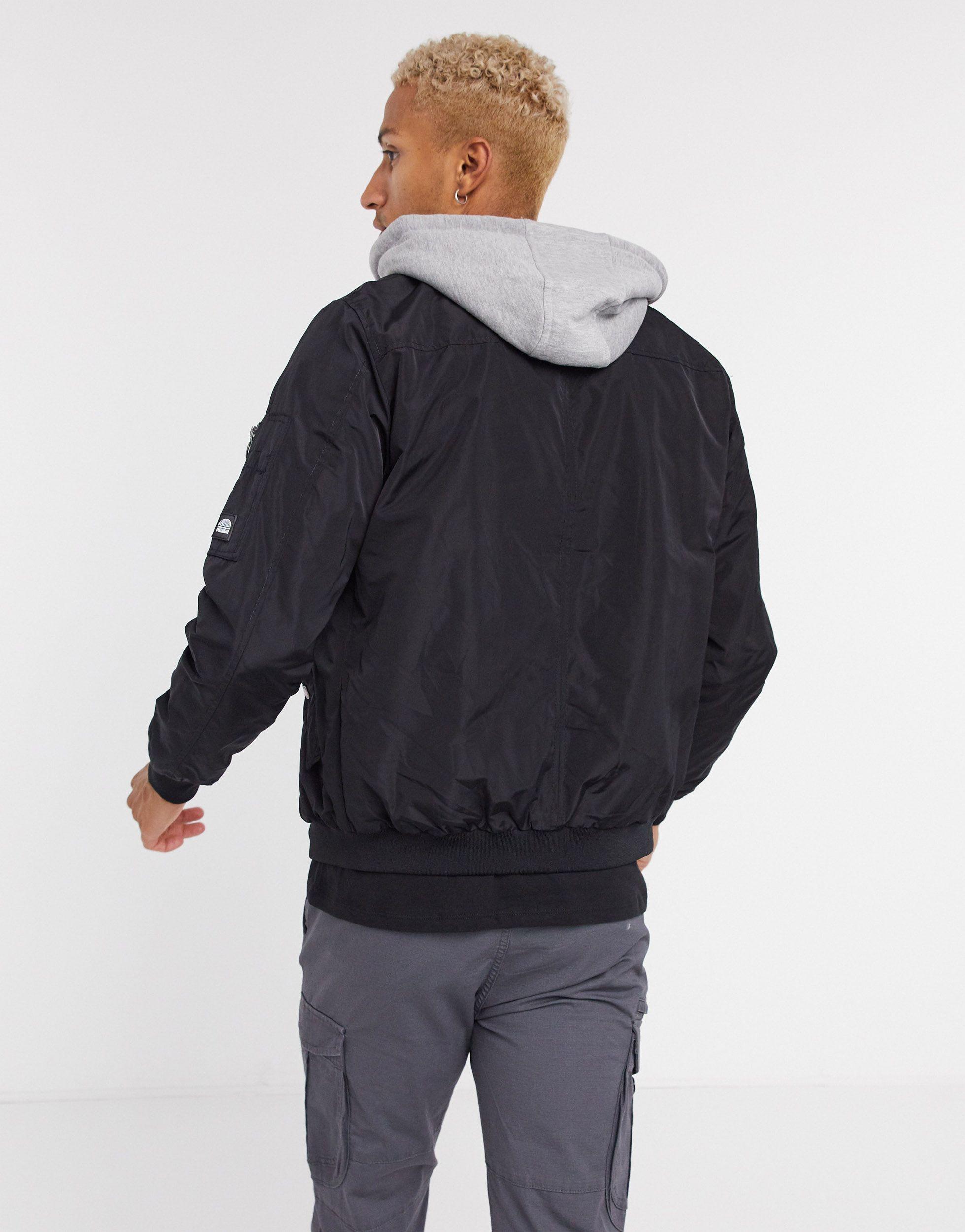 Pull&Bear Padded Bomber Jacket With Jersey Hood in Black for Men 
