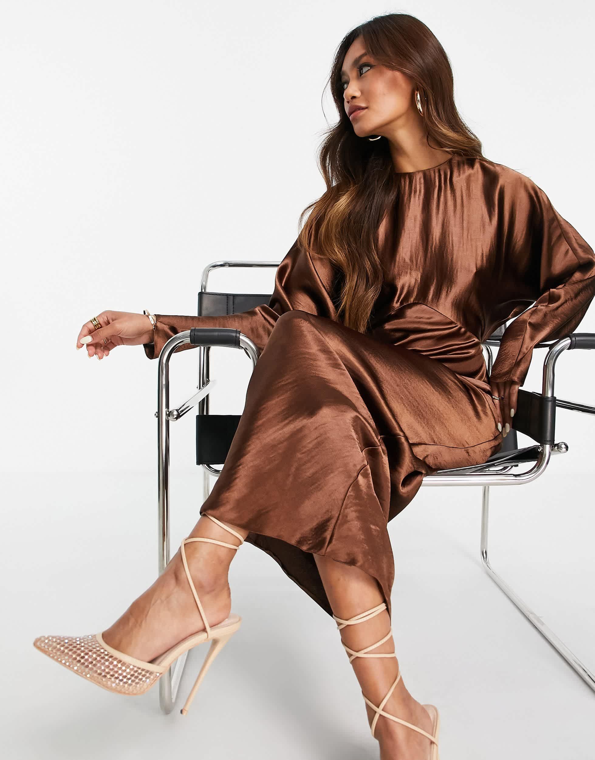 asos design satin batwing bias cut maxi dress in oyster ASOS DESIGN + ASOS DESIGN batwing bias cut maxi dress in oyster