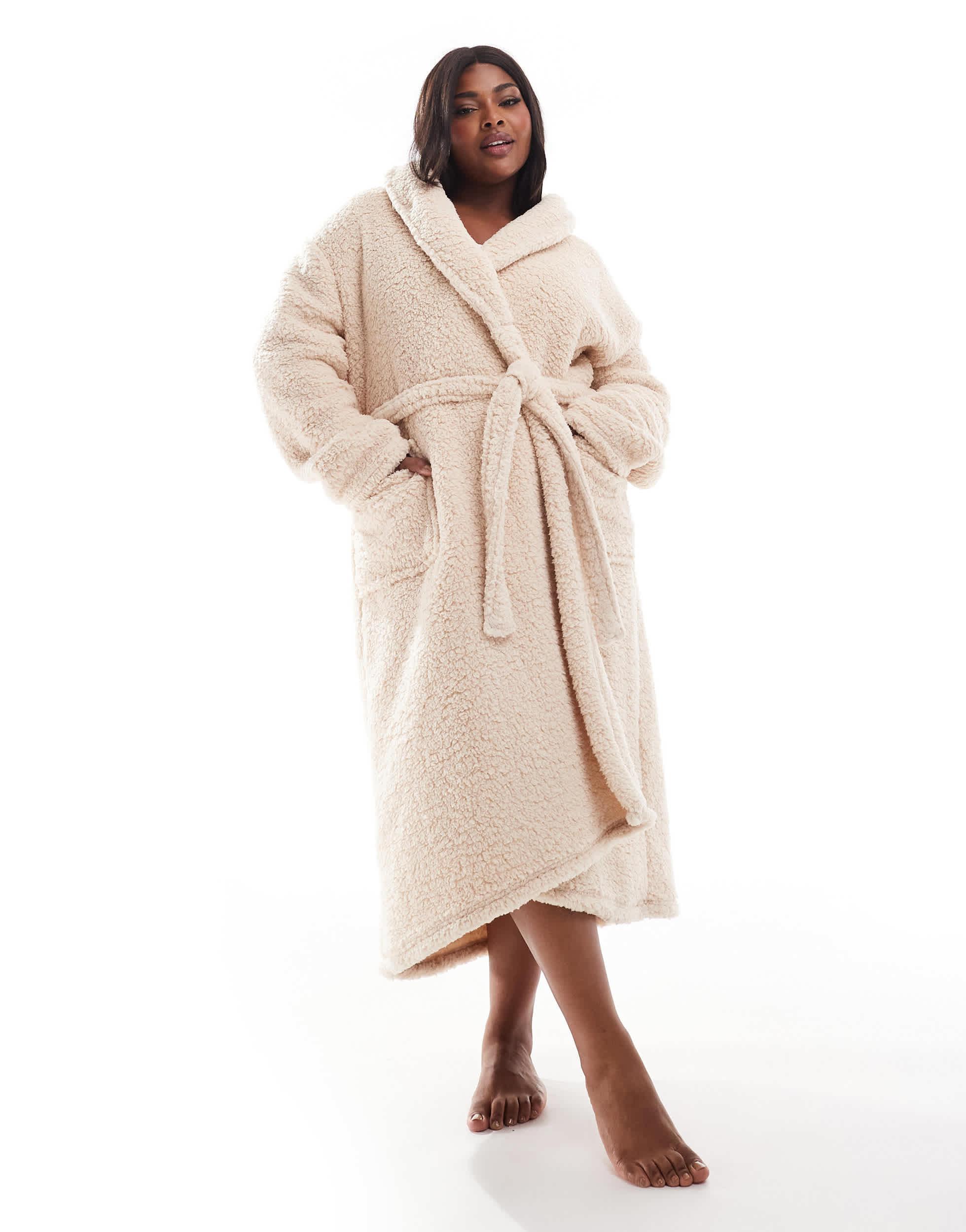 Curve peignoir long et confortable avec col en imitation peau Loungeable en coloris Neutre Lyst