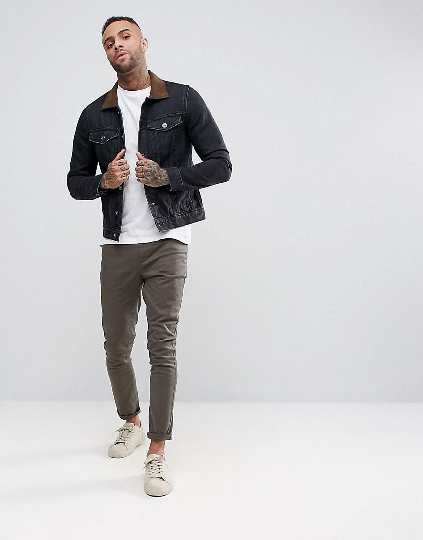 River Island Denim Jacket With Suede Collar In Washed Black for Men | Lyst