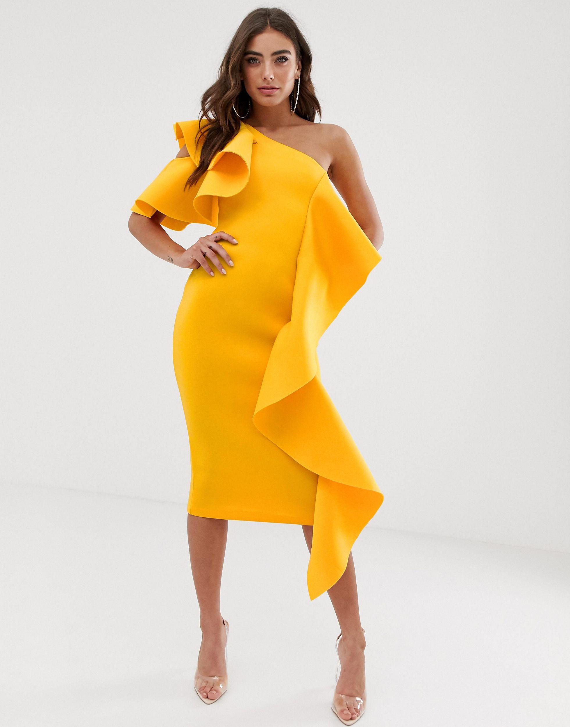 Lavish Alice Synthetic One Shoulder Scuba Midi Dress With Frill Detail in  Yellow - Lyst