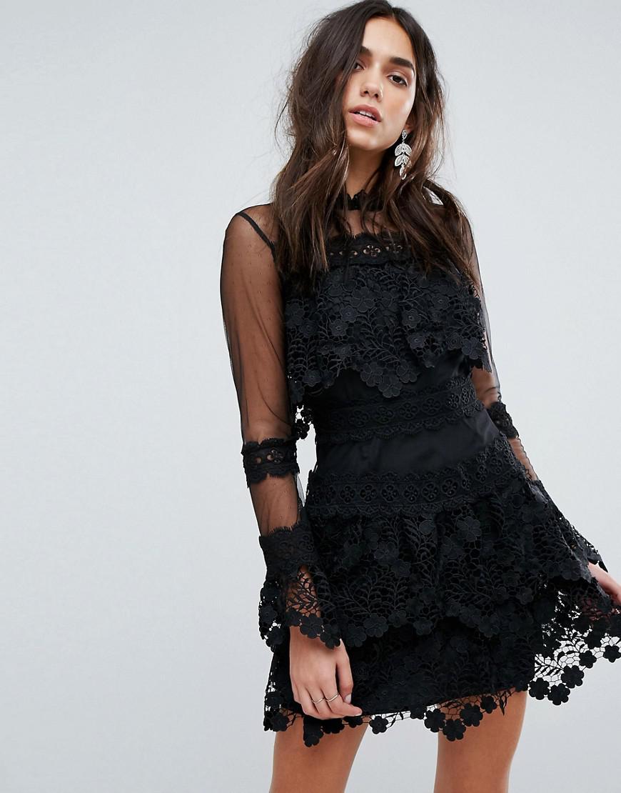 Lyst - Prettylittlething Premium Lace Dress With Mesh Sleeve in Black