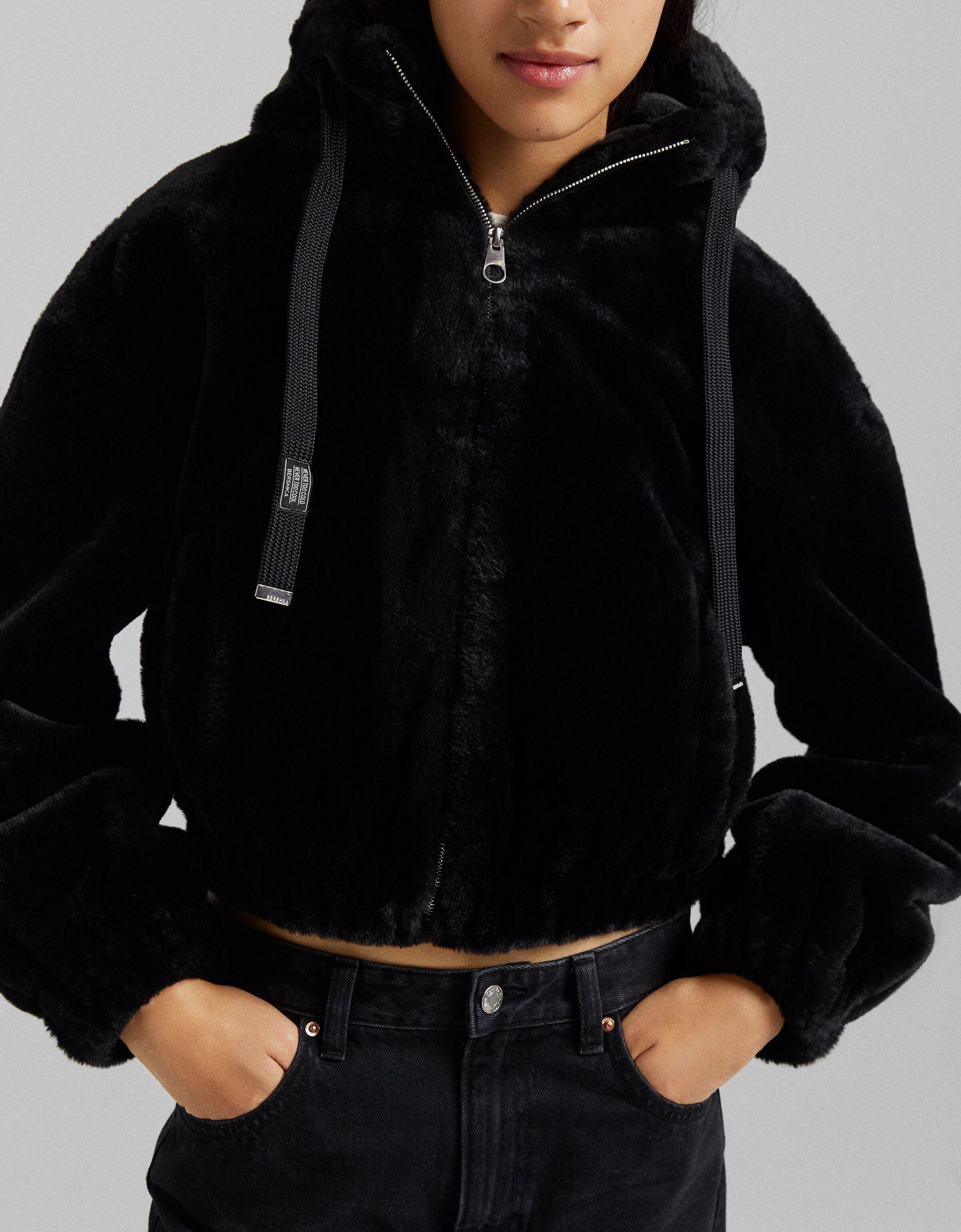 Bershka Faux Fur Hooded Jacket in Black | Lyst