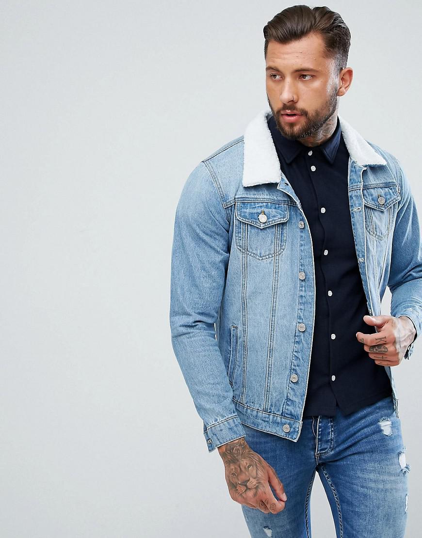 BoohooMAN Denim Jacket With Borg Collar In Light Wash in Blue for Men - Lyst