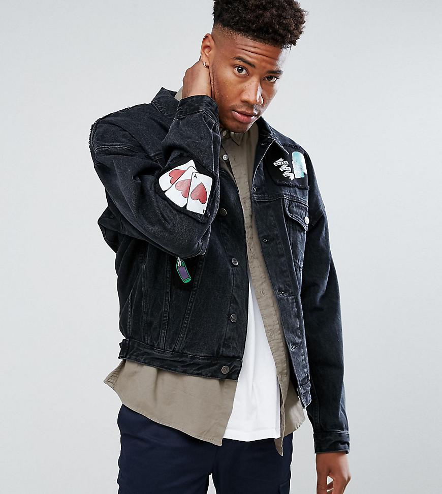 mens black denim jacket with patches