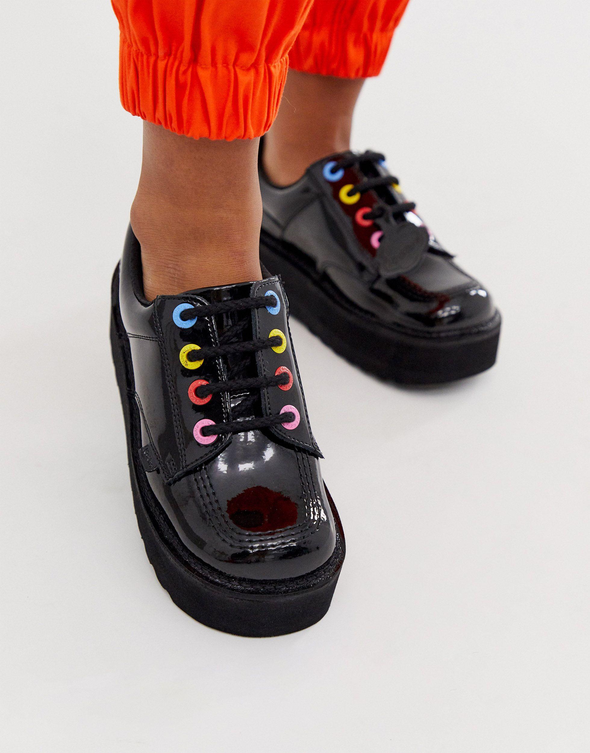 Kickers Kick Lo Stack Patent Flat Shoes With Multi Colour Eyelets Black |