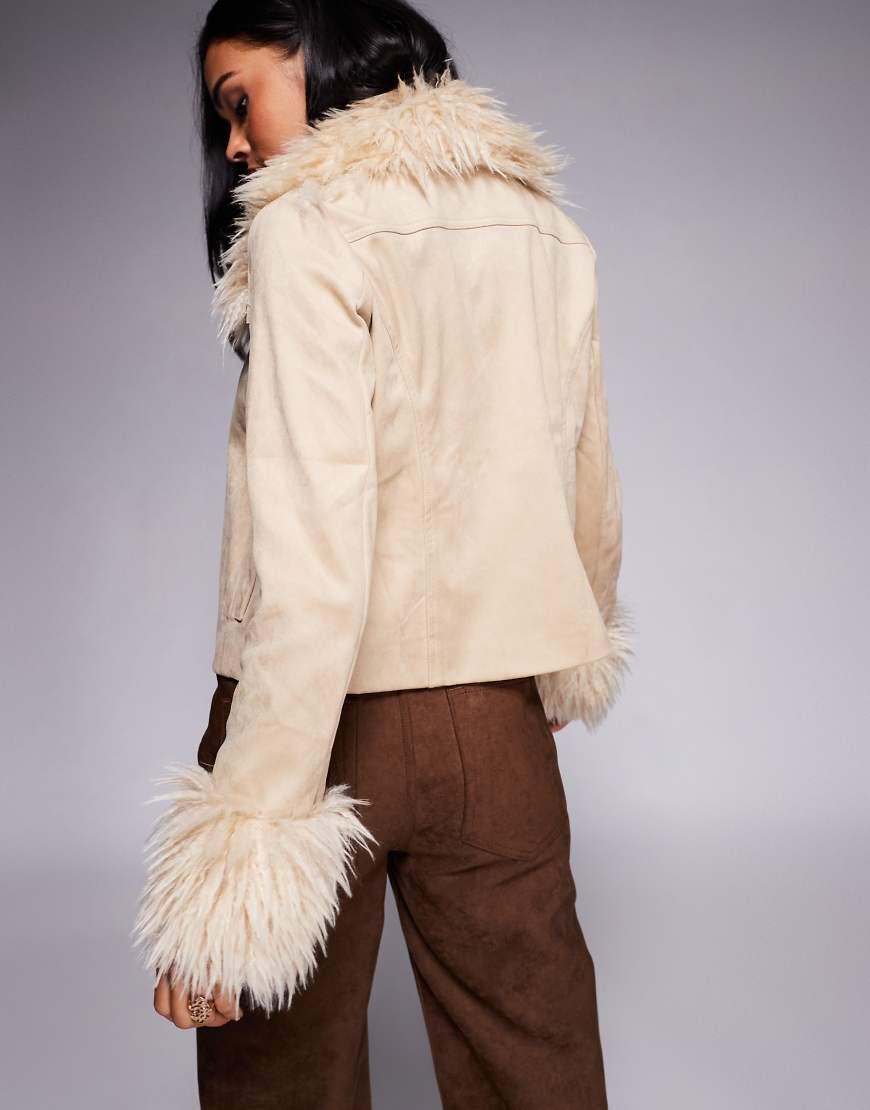 Princess Polly Jeanna Suedette Shaggy Faux Fur Trim Cropped Jacket - Main Image