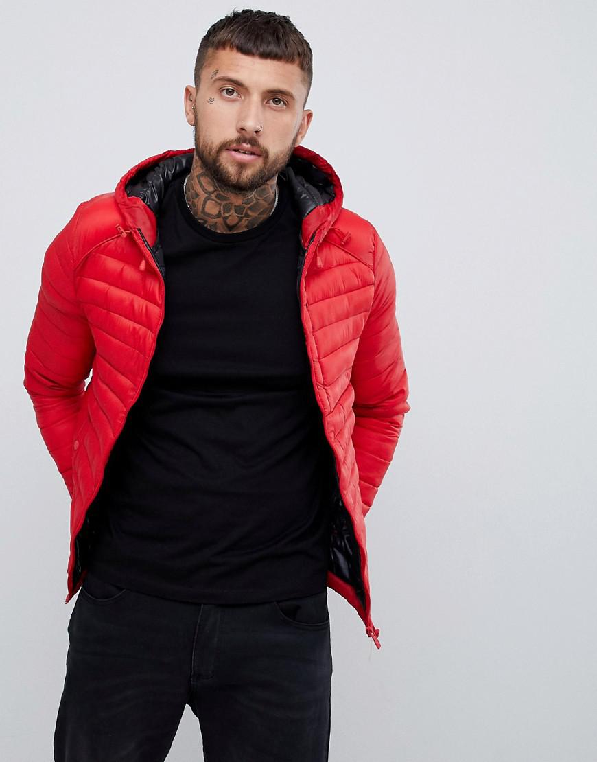 Bershka Denim Hooded Puffer Jacket In Red for Men - Lyst