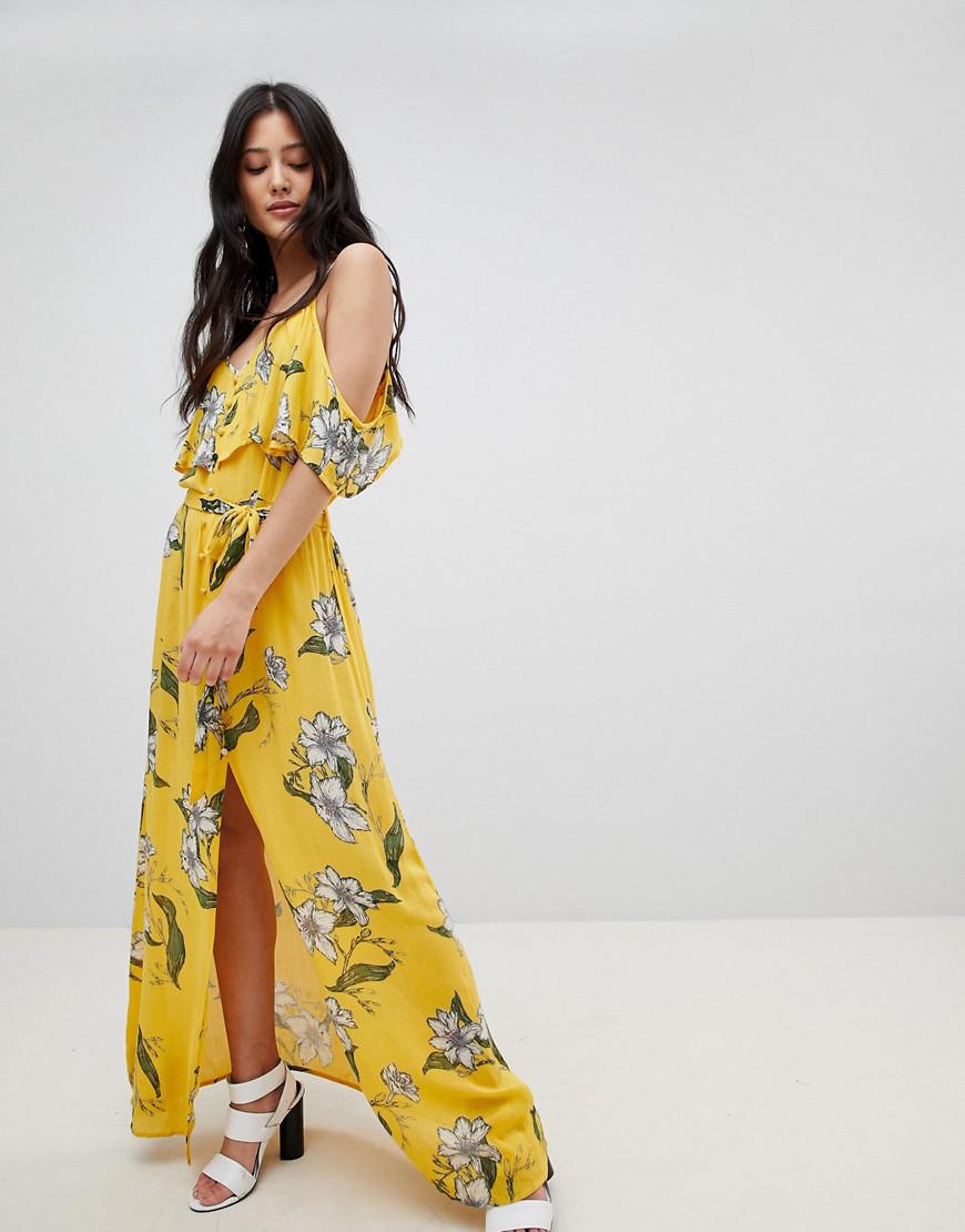yellow cold shoulder maxi dress