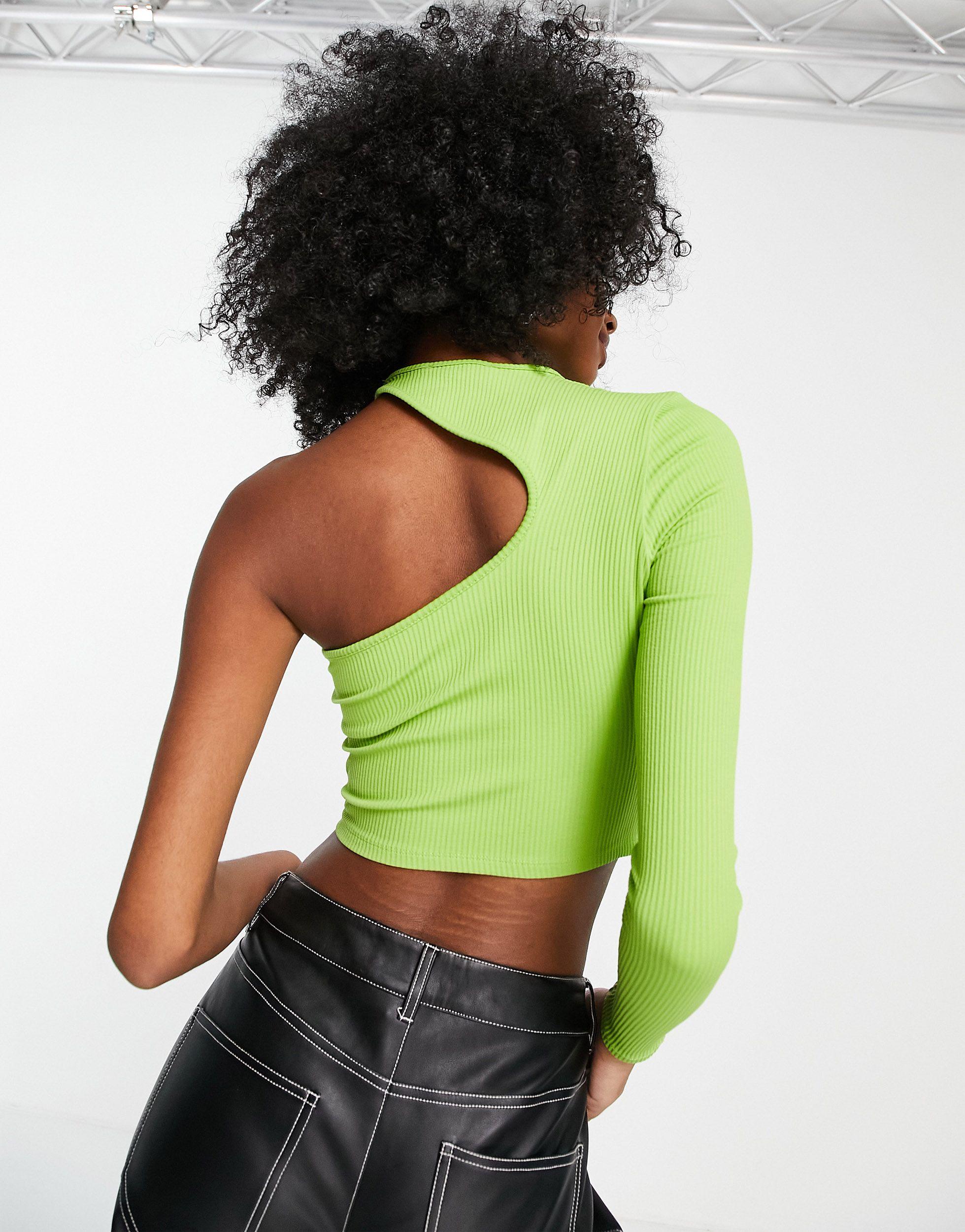 Bershka Ribbed Cut Out Asymetric Top in Green | Lyst