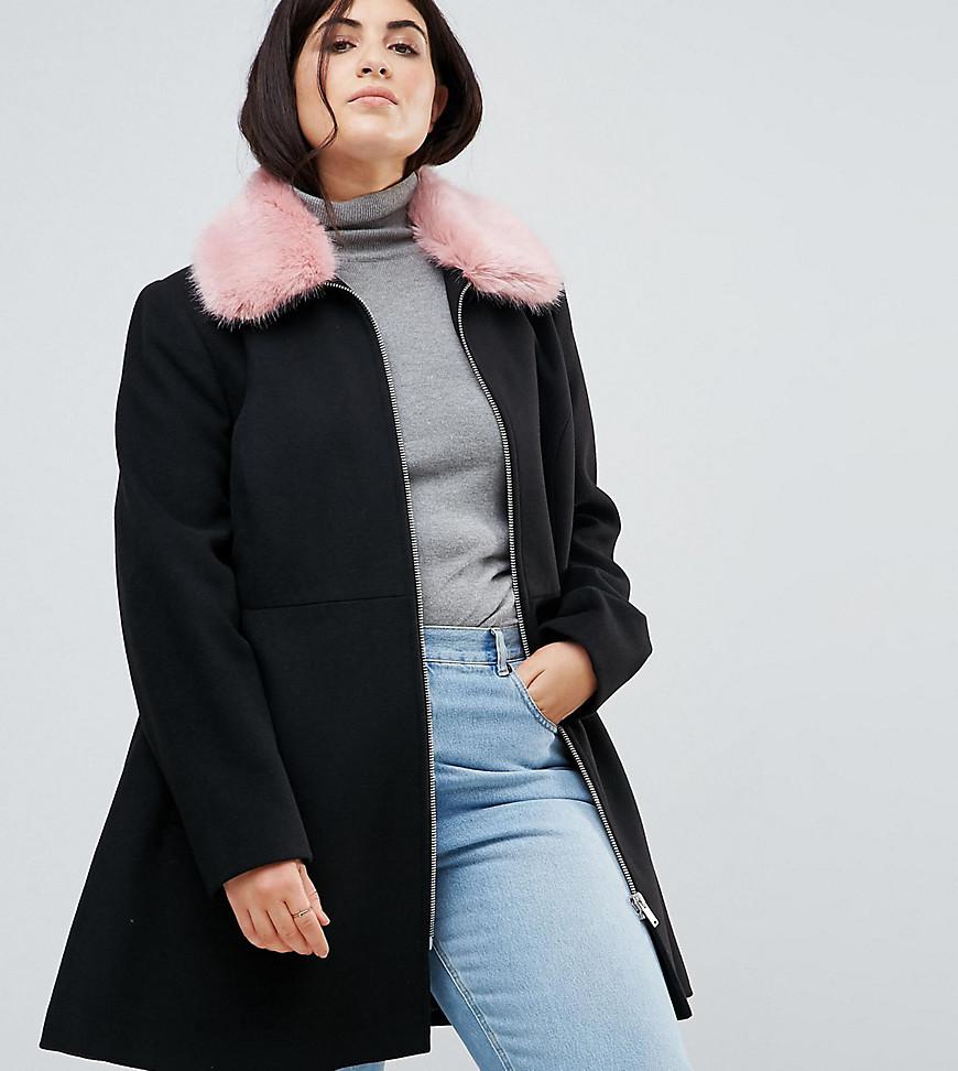 ASOS Skater Coat With Pink Faux Fur Collar in Black | Lyst