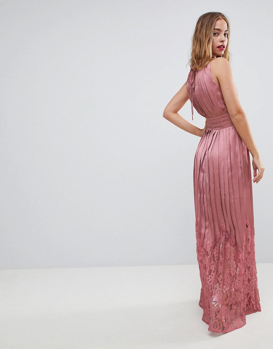 little mistress pleated maxi dress with lace hem detail