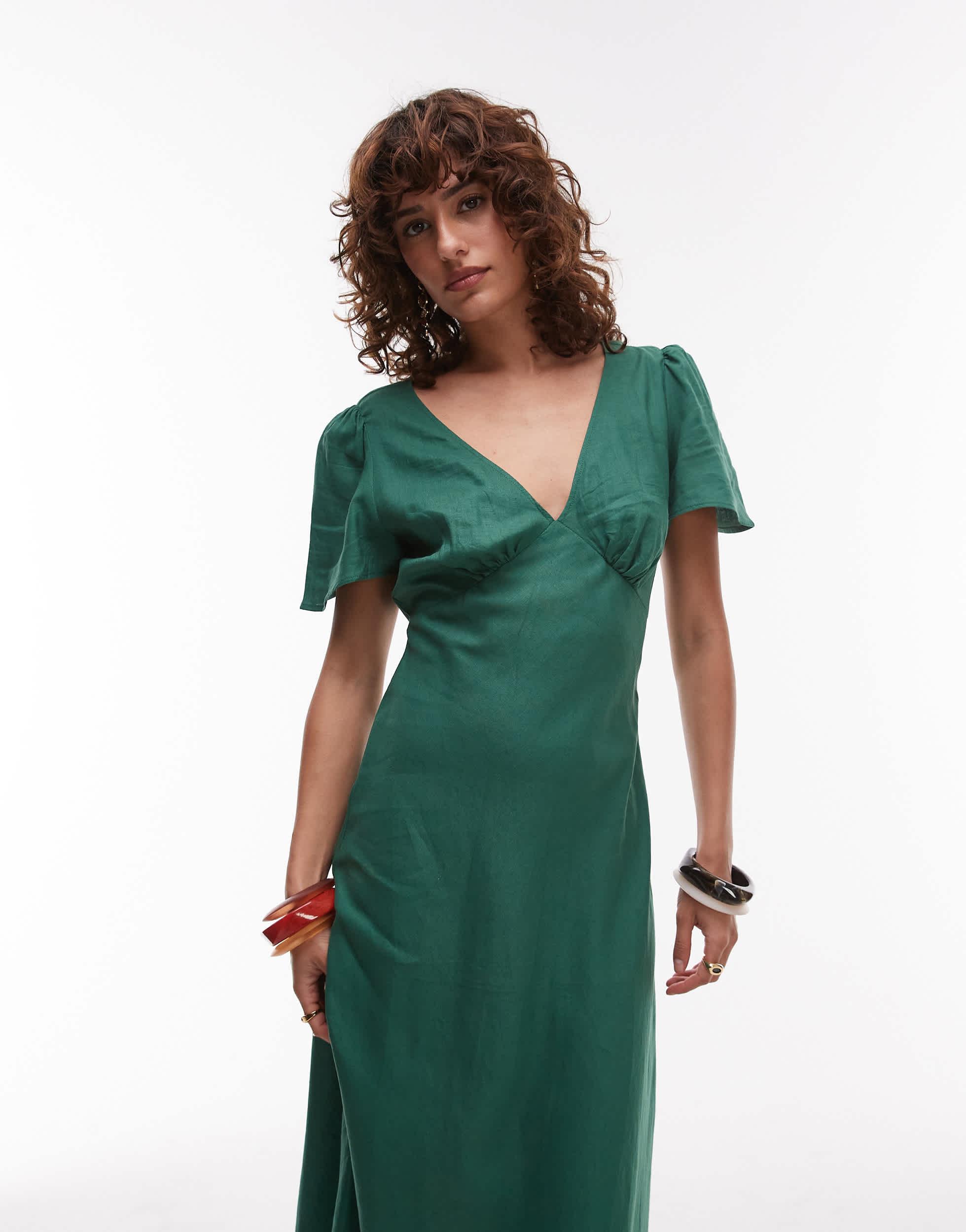 Mango Linen Mix Short Sleeve Midi Dress in Green | Lyst