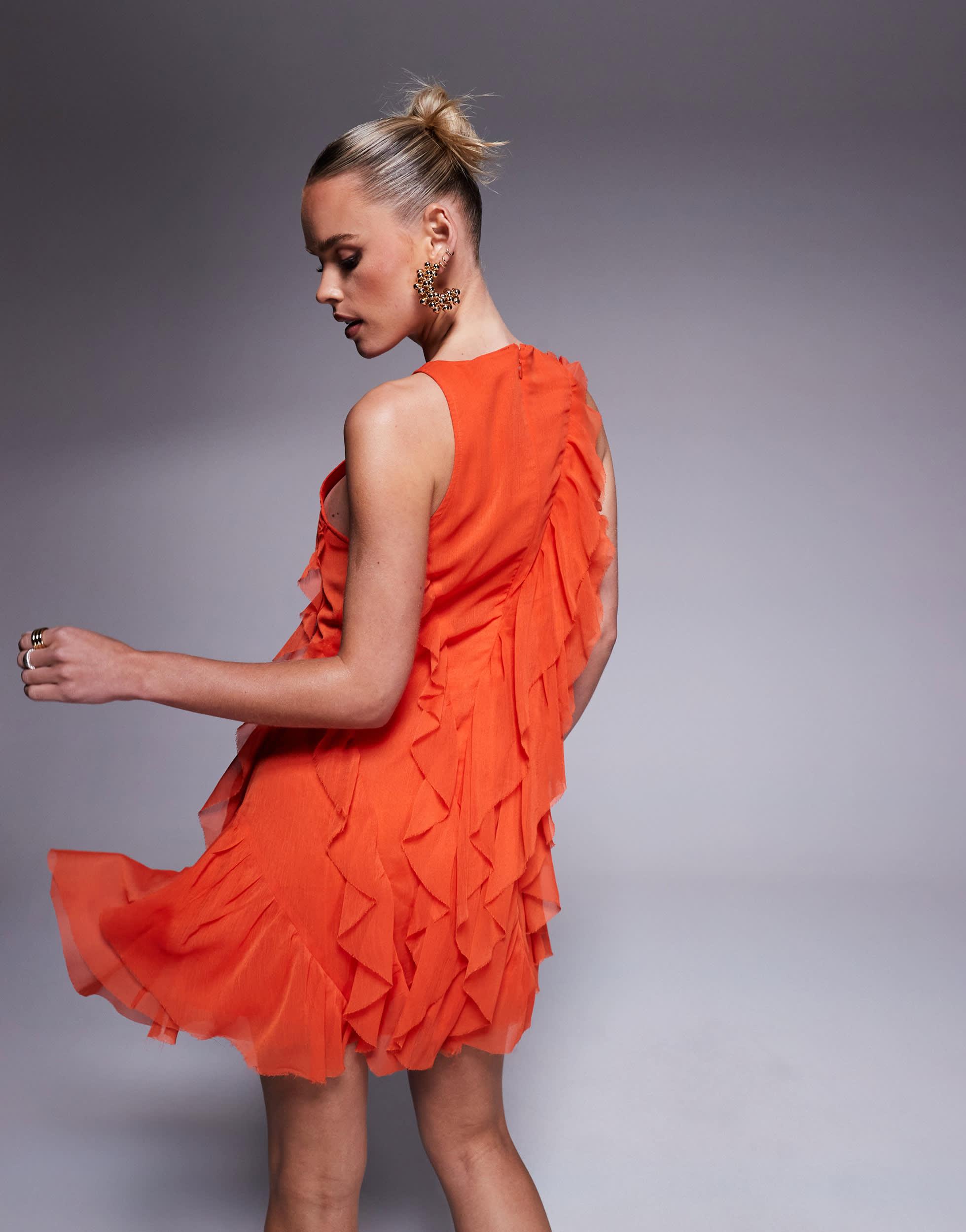 asos orange ruffle dress ASOS DESIGN devore ruffle strappy back maxi dress in orange