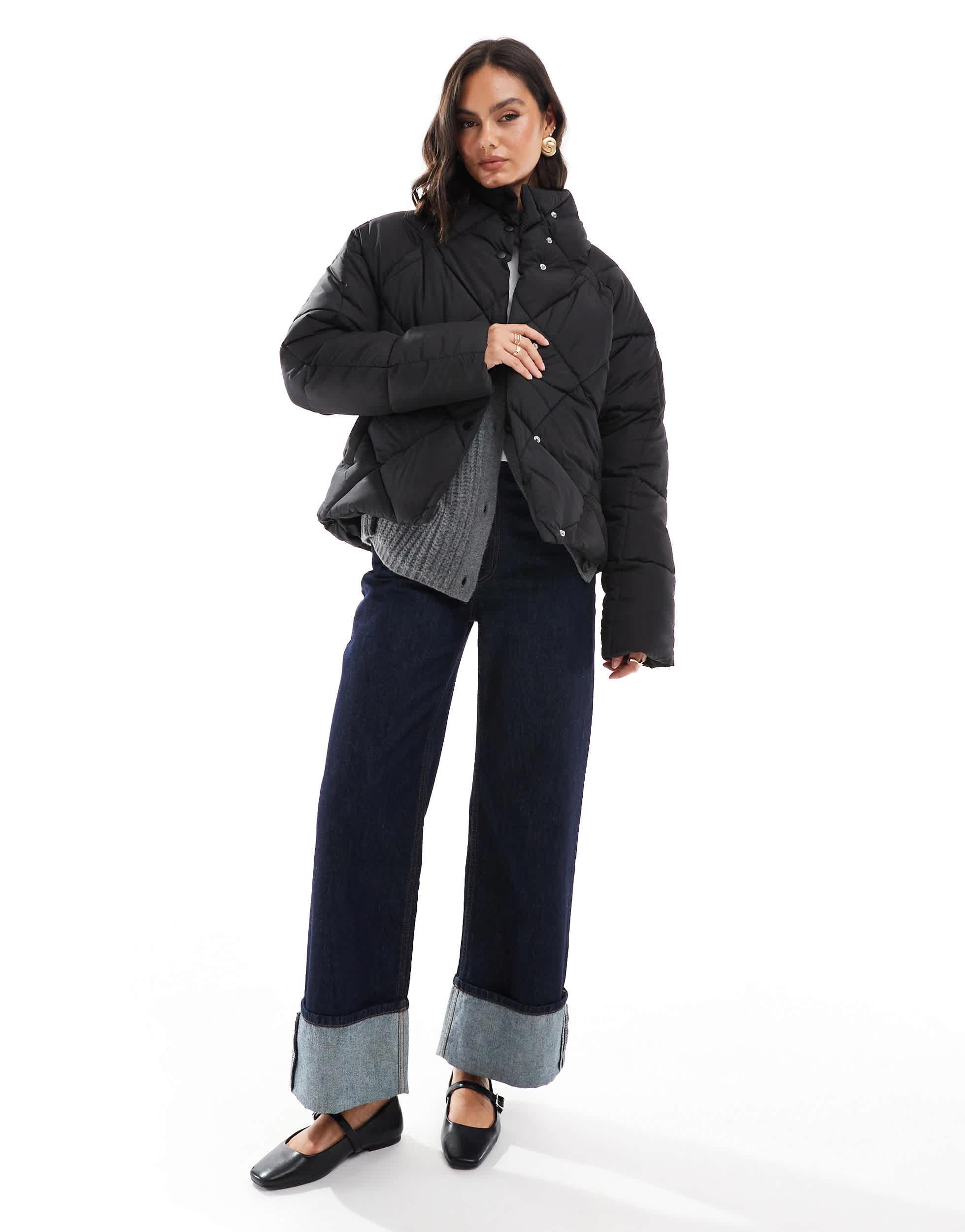Miss Selfridge Oversized Quilted Funnel Neck Crop Puffer Jacket in