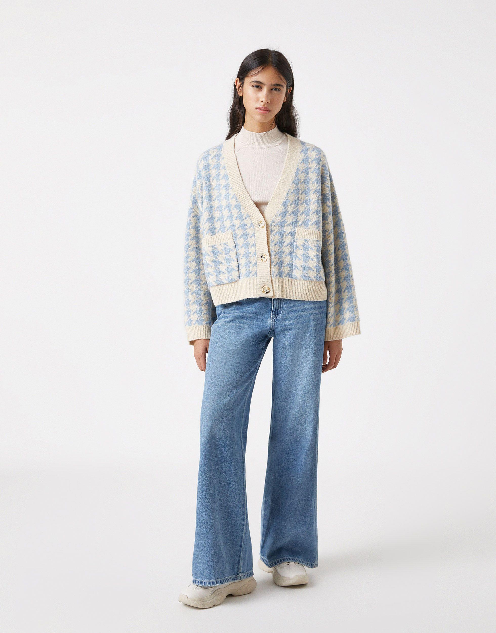 Pull&Bear Houndstooth Cardigan in Blue | Lyst
