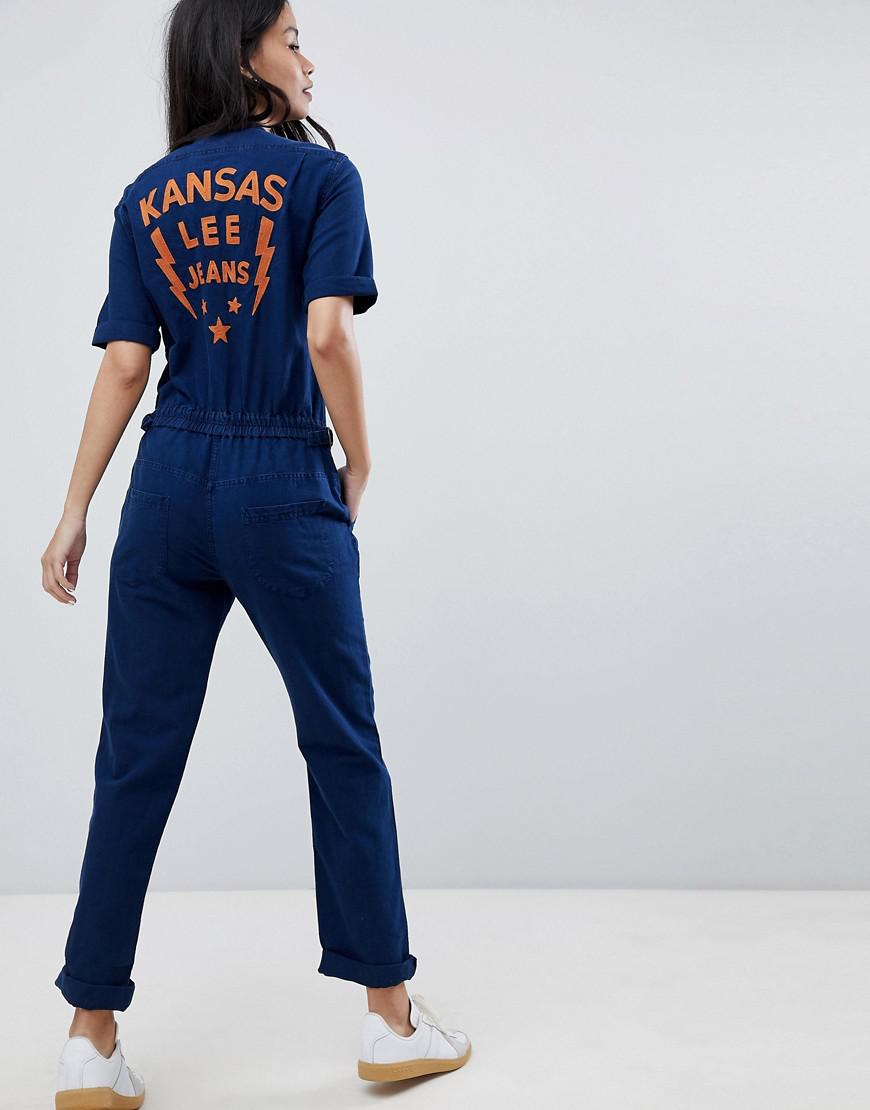 Lee Jeans Denim Zip Through Jumpsuit With Embroidered Detail in Blue | Lyst