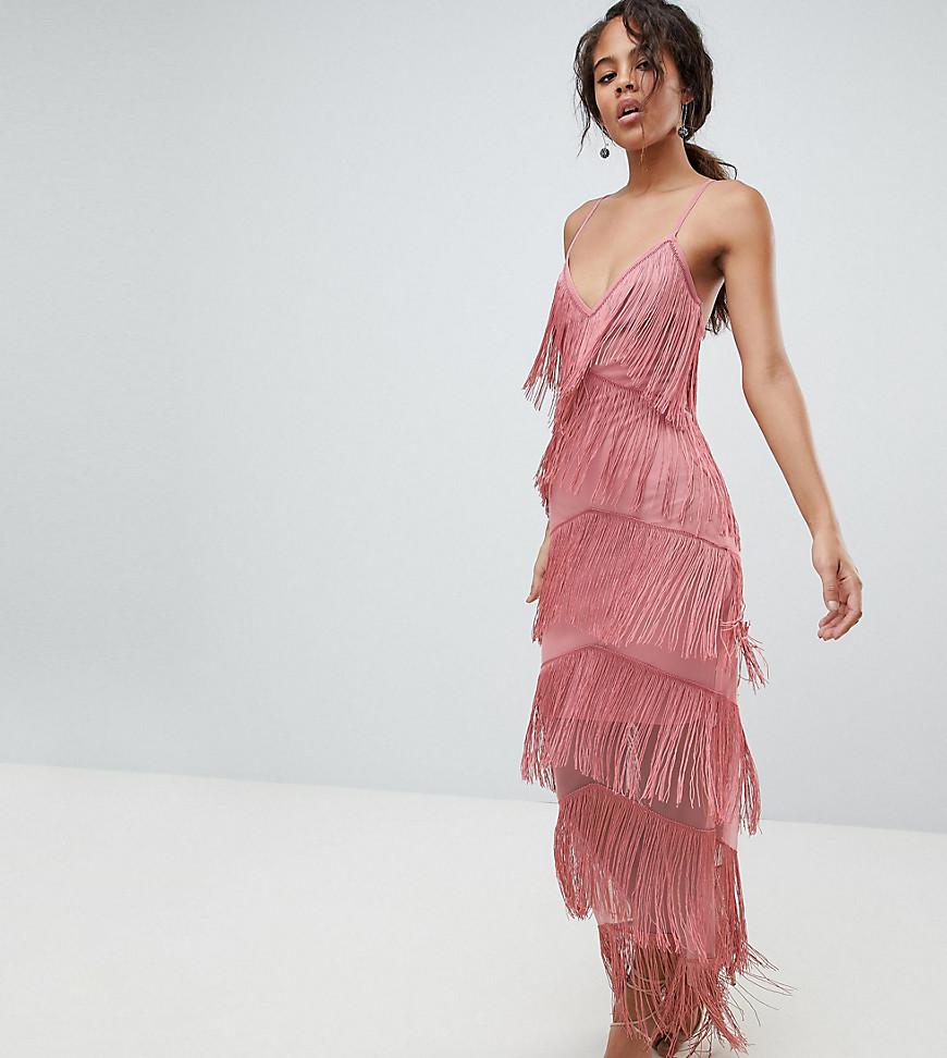 ASOS Asos Design Tall Fringe Mesh Strappy Maxi Bodycon Dress in Pink | Lyst