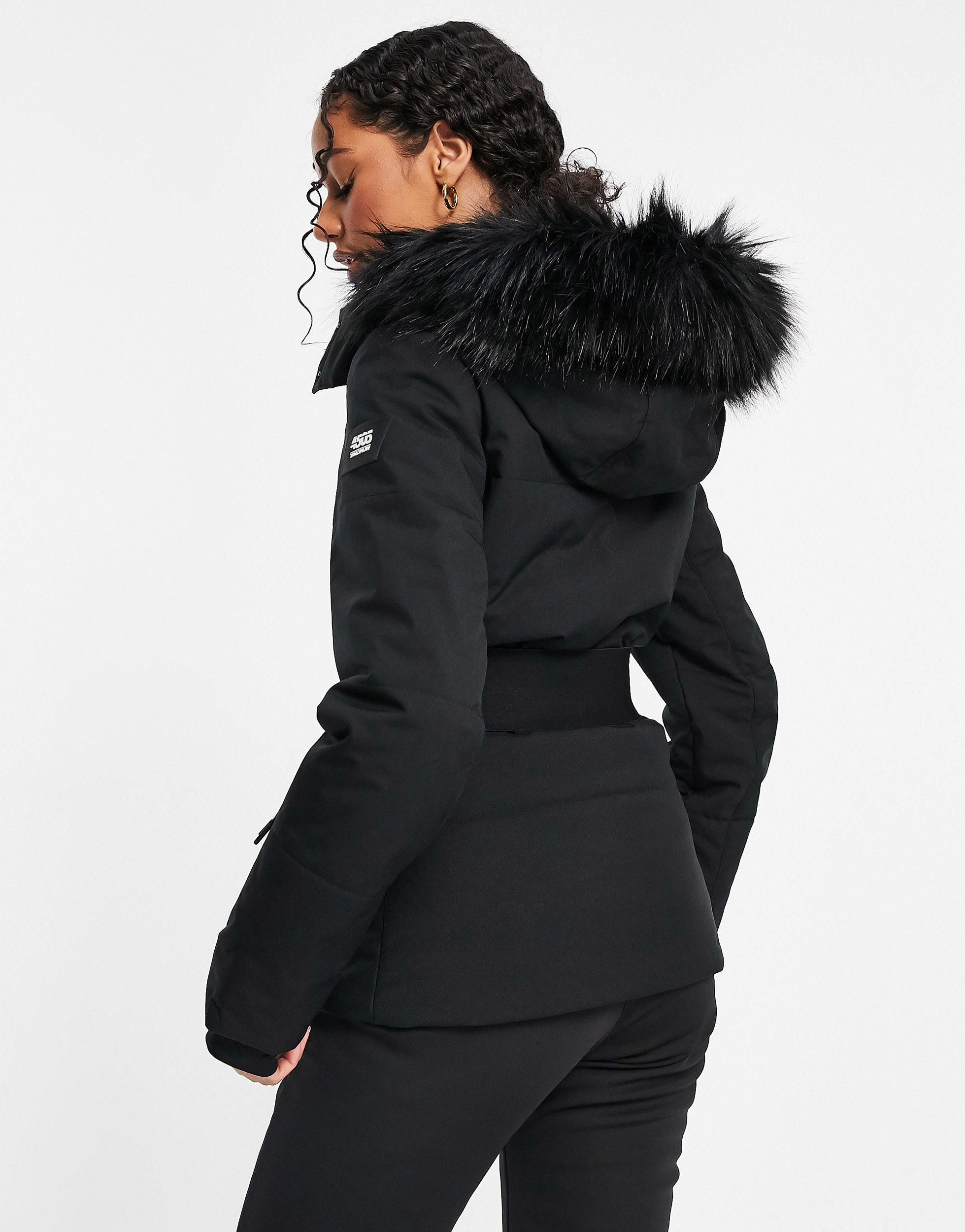 womens black ski jacket with fur hood