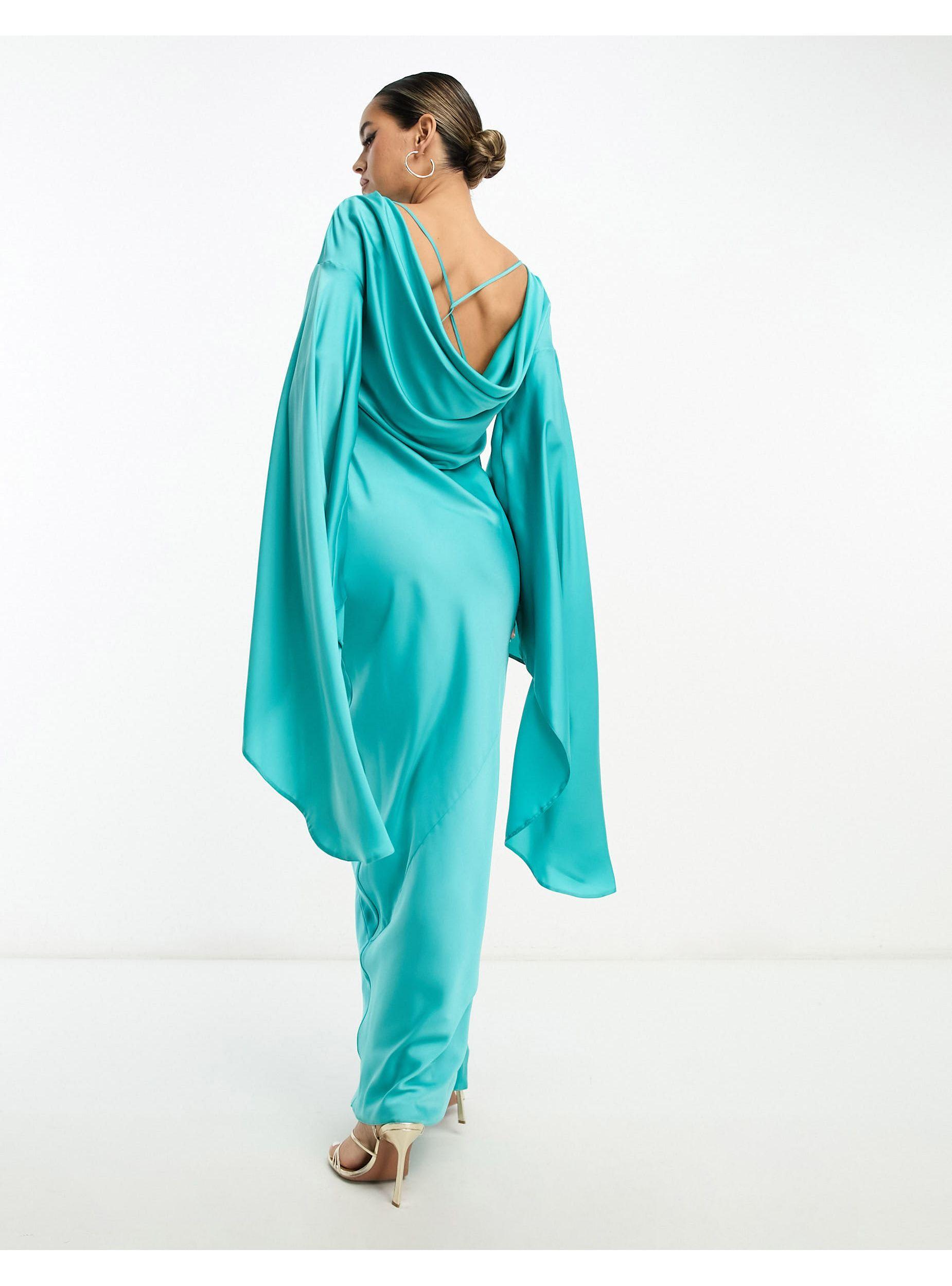 asos satin maxi dress with extreme drape sleeves ASOS Satin Maxi Dress With Extreme Drape Sleeve And Open Back in Blue