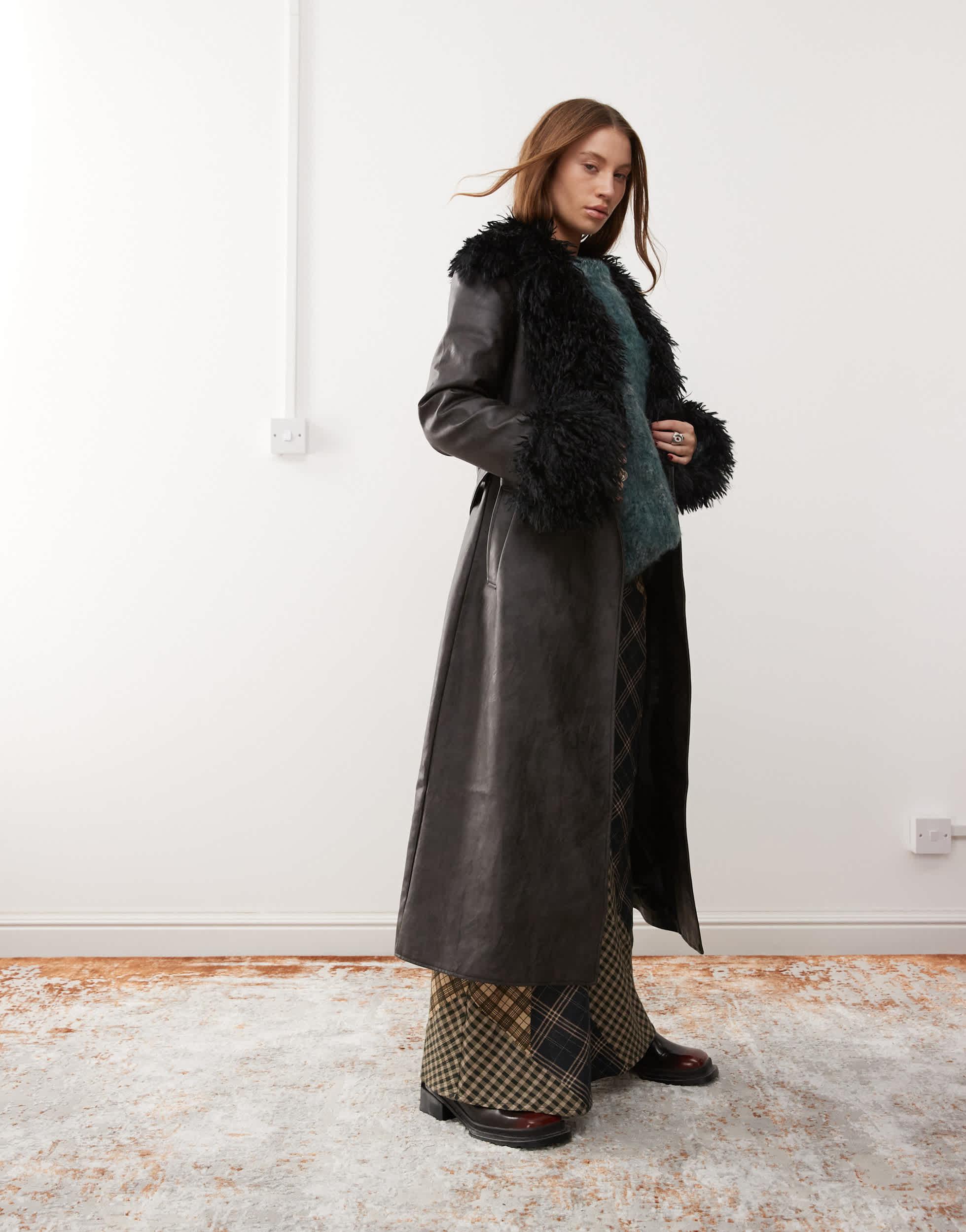 Reclaimed Vintage Longline Leather Look Trench Coat With Faux Fur  Women\'s Retro Long Coat with Liner, Long Length, Black, Fur main image 0