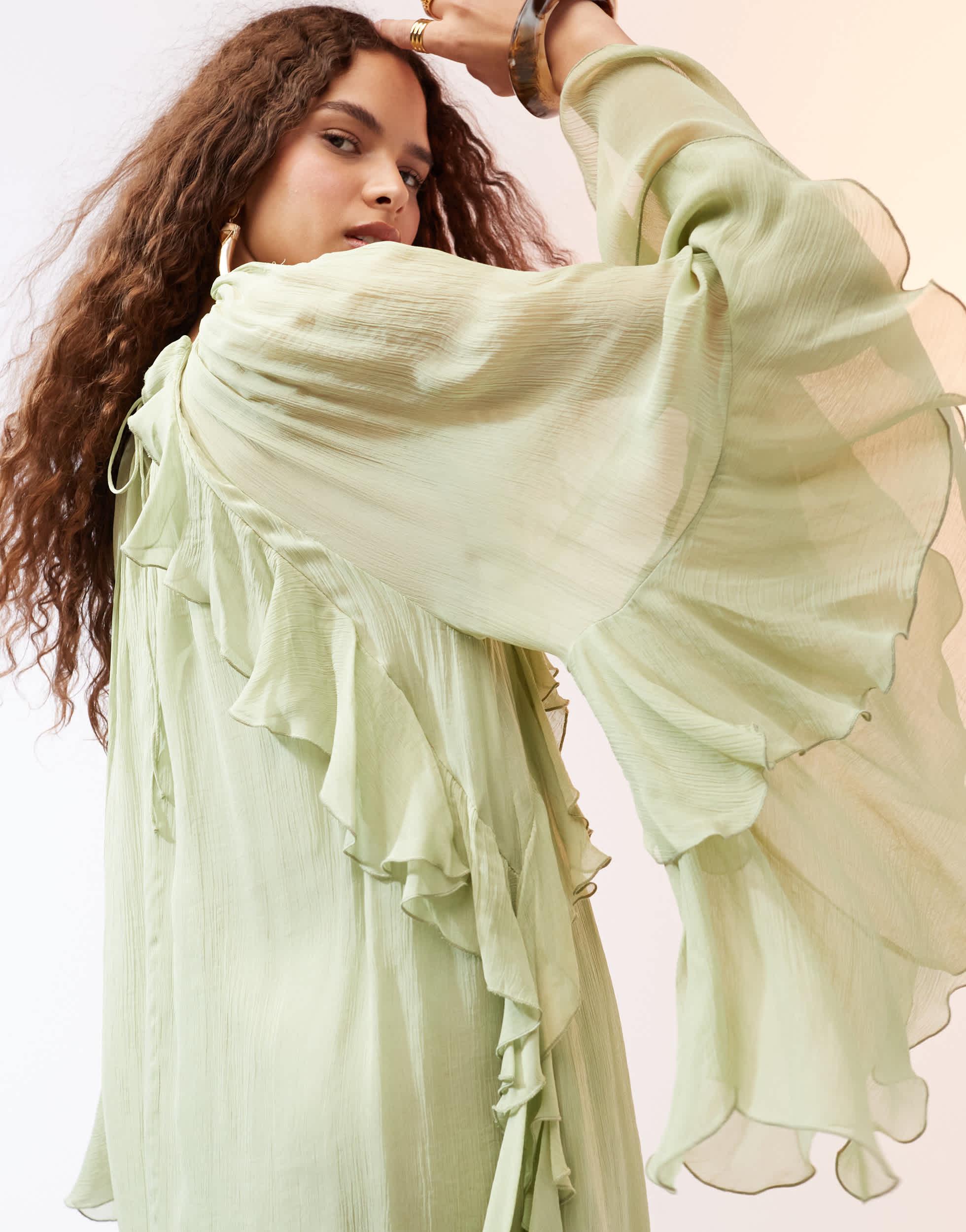 green emerald velvet dress Short ruffle printed dress main image 1