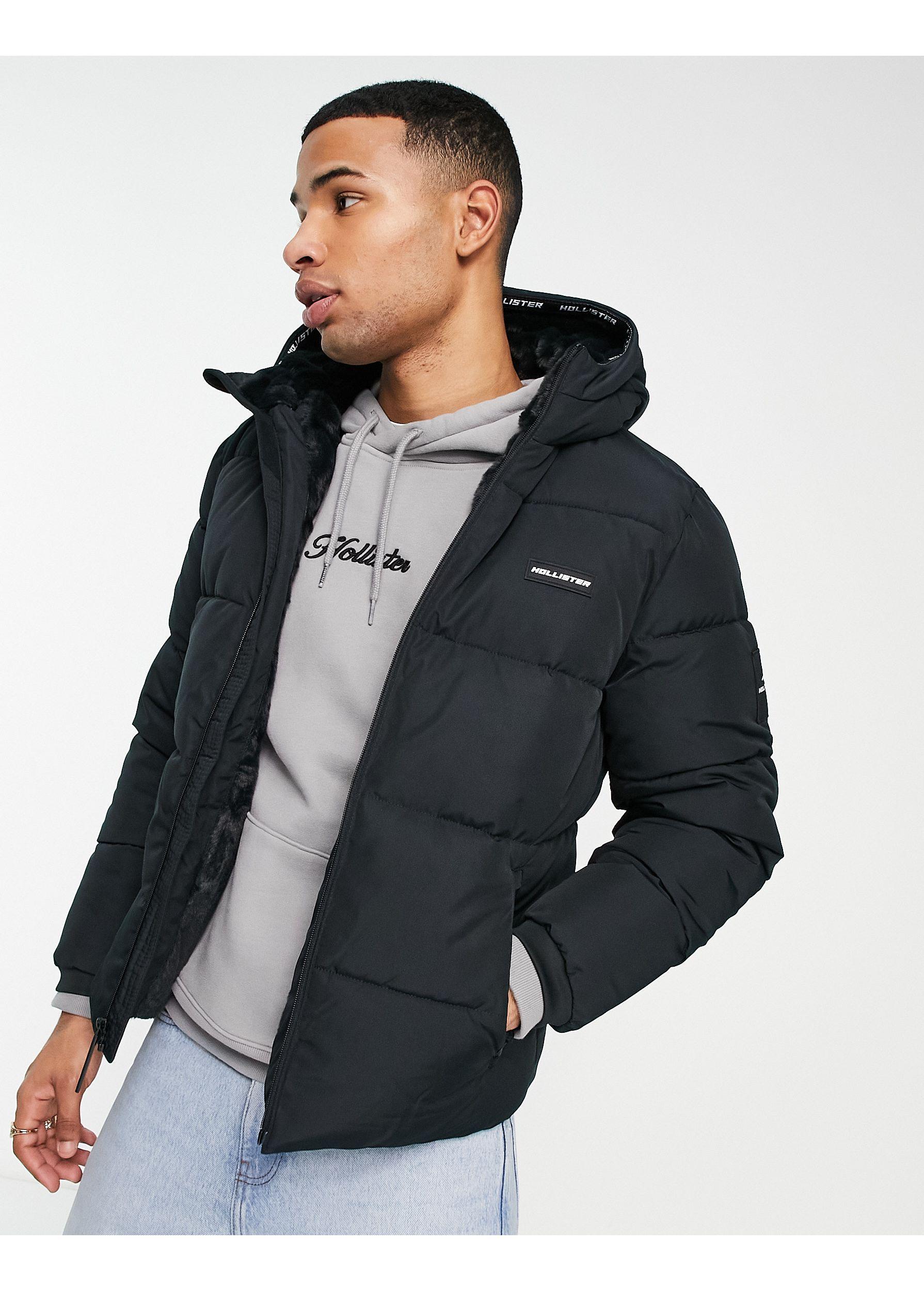 Hollister Borg Lined Heavyweight Hooded Puffer Jacket in Black for Men ...