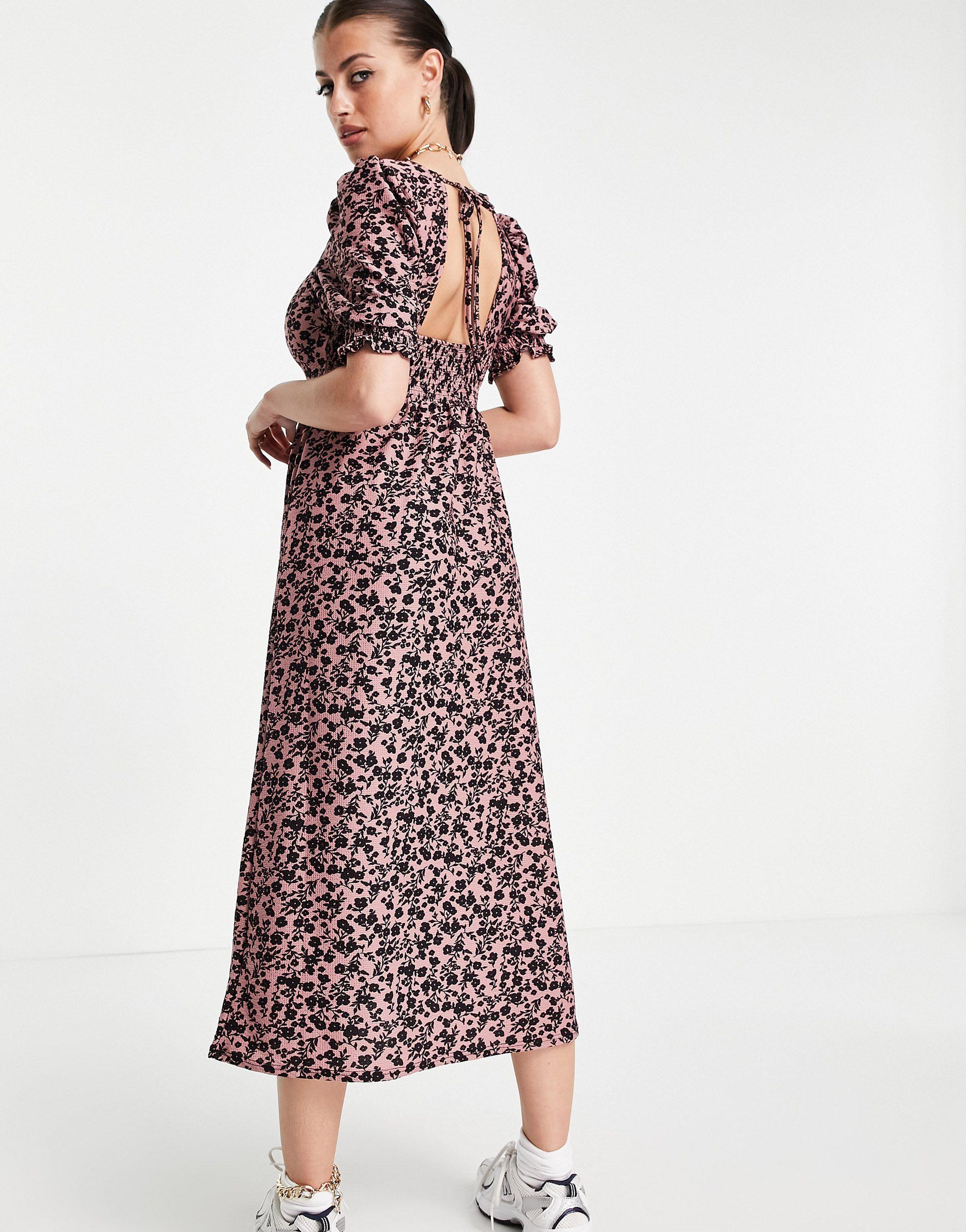 River Island Floral Tie Back Puff Sleeve Midi Dress in Pink | Lyst