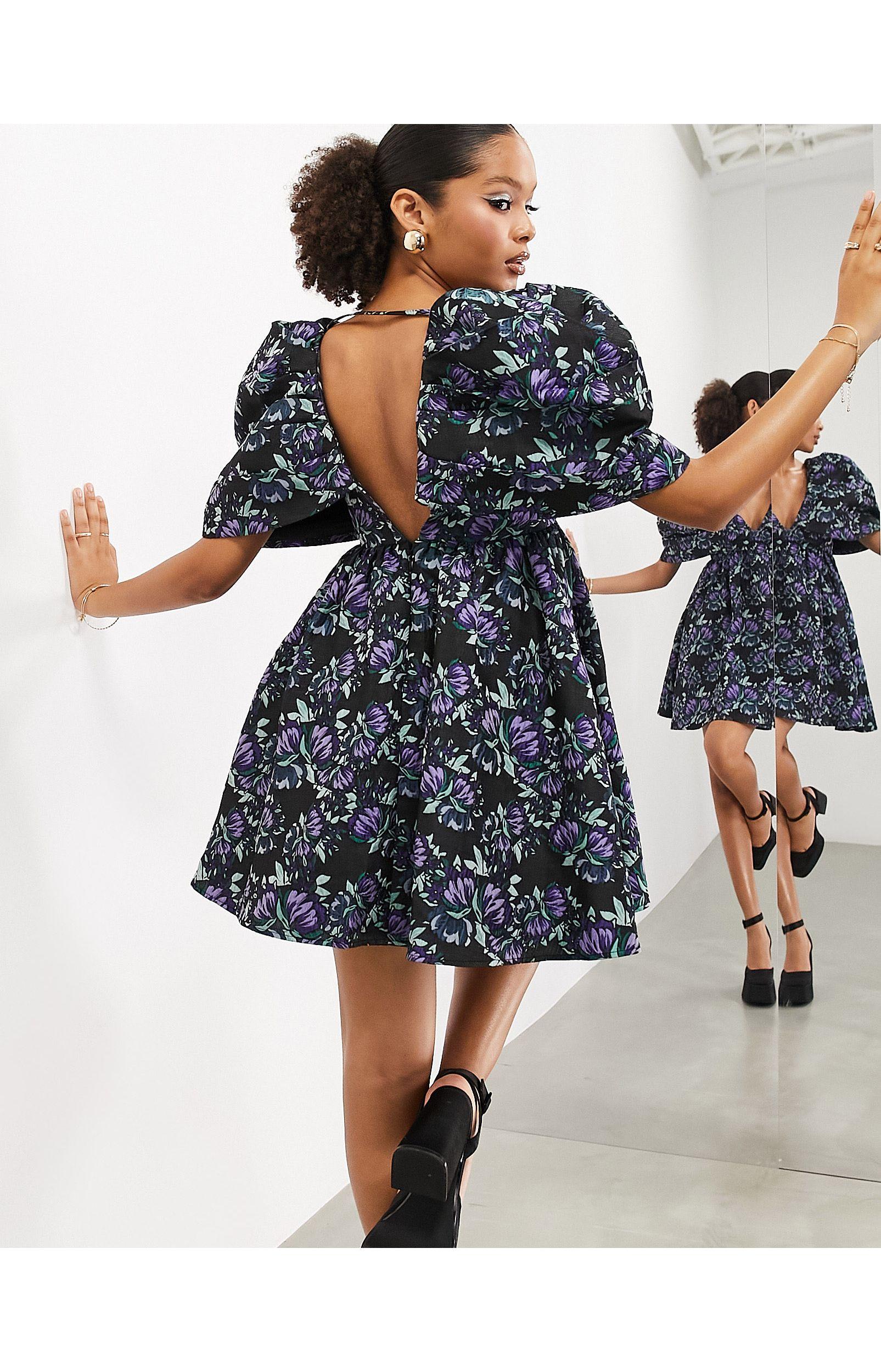 ASOS Floral Jacquard Volume Sleeve Mini Dress | Lyst