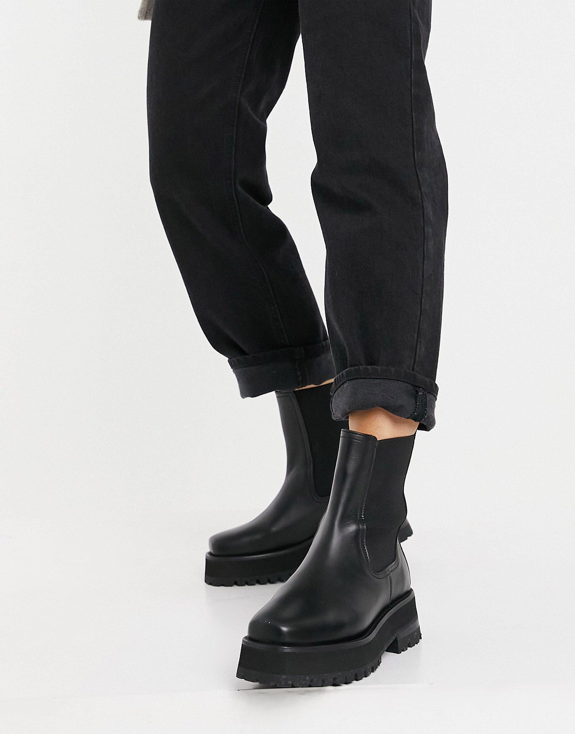 & Other Stories Leather Chunky Square Toe Boots in Black | Lyst